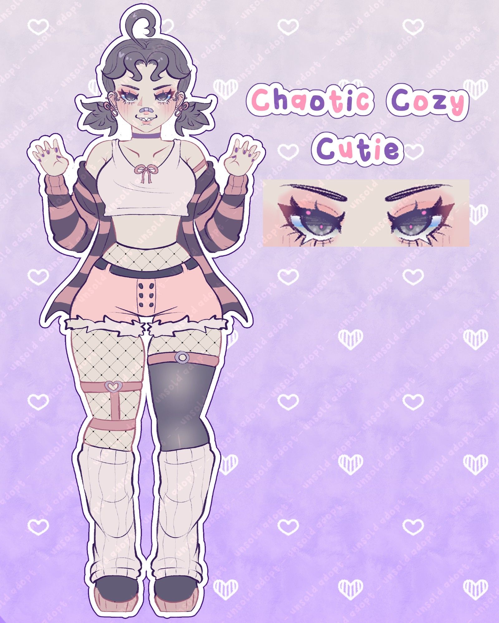 A Vtuber Design for sale with a moodeng and cozy theme, main colors being purple/pink and grays