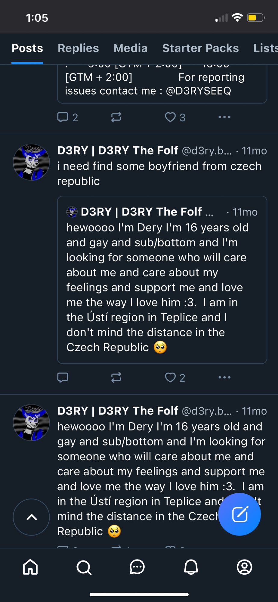 Screencap of d3ry the folf admitting they are 16 on an NSFW porn account.