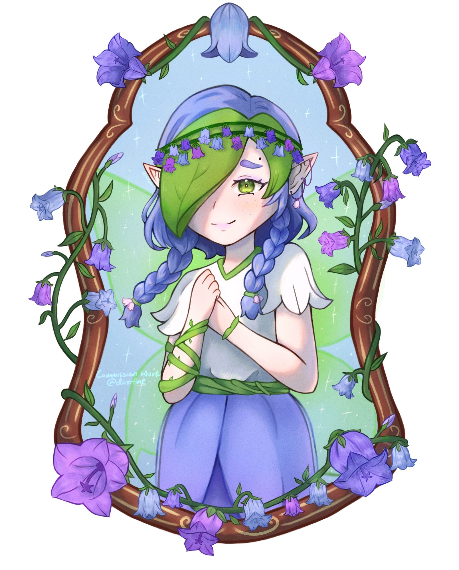 framed portrait of Bluabell with bluebell flowers
character belongs to @bluabell.bsky.social