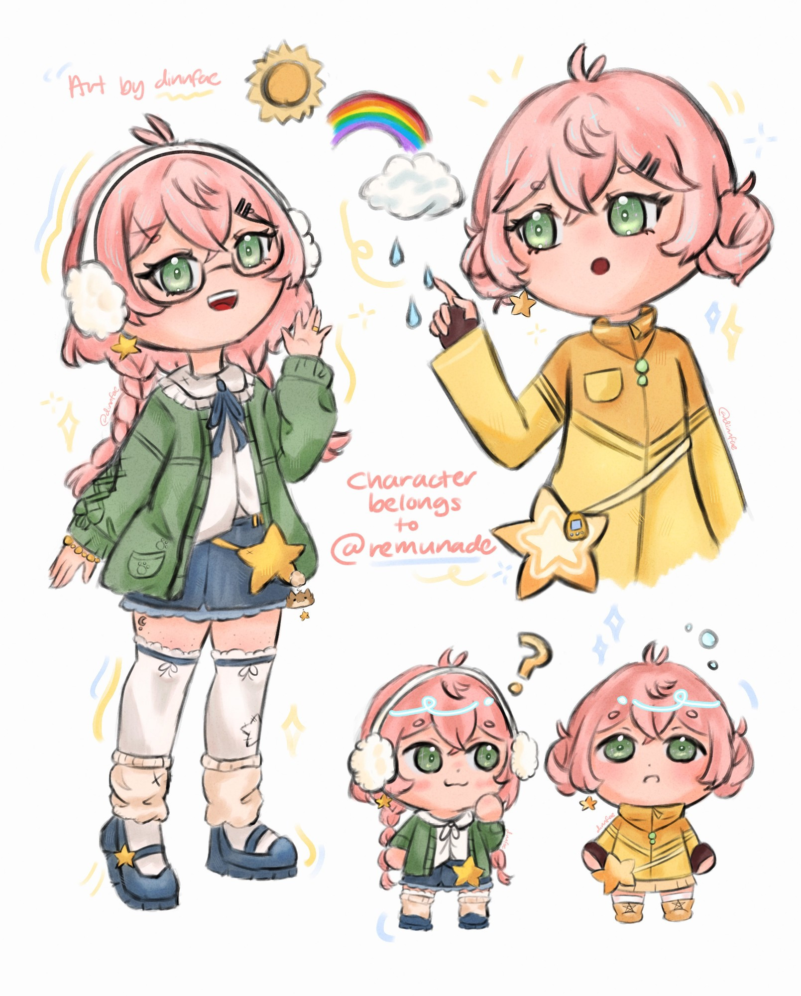 coloured sketches of an original character that belongs to @remunade (twt)