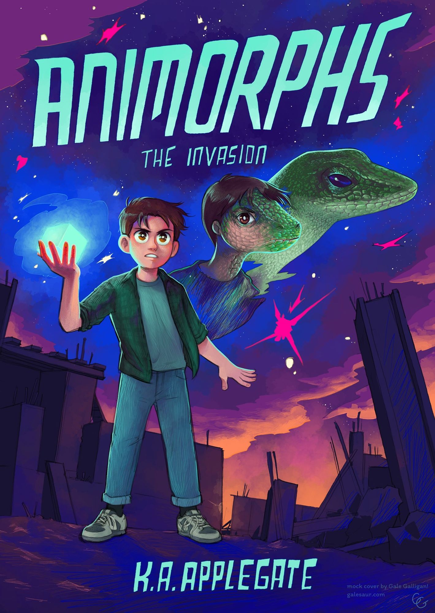 Mock cover for Animorphs #1: The Invasion by K.A. Applegate, illustrated by Gale Galligan. A serious teen with short brown hair stands in an abandoned construction site at dusk. He gazes forward. One hand is thrown back in a protective stance; his other hand holds up a glowing blue cube. He is wearing a blue-green t-shirt under a darker green buttonup, cuffed jeans, and gray sneakers. To his right are two illustrations of his head: one as he is in the process of transforming into a green anole lizard, and one showing him as a green anole lizard.