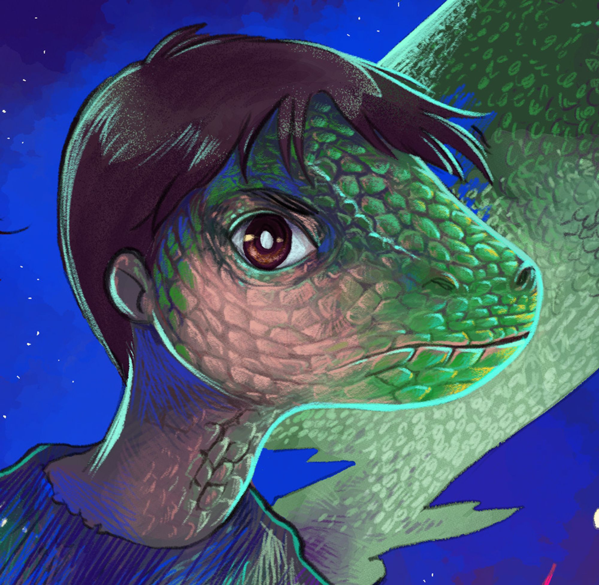 Closeup of the mock cover showing the boy mid-morph. His skin is becoming scaly and green; his face is stretching; his nose and mouth have fully shifted; his eye is enlarged and more lizardlike but retains human qualities.