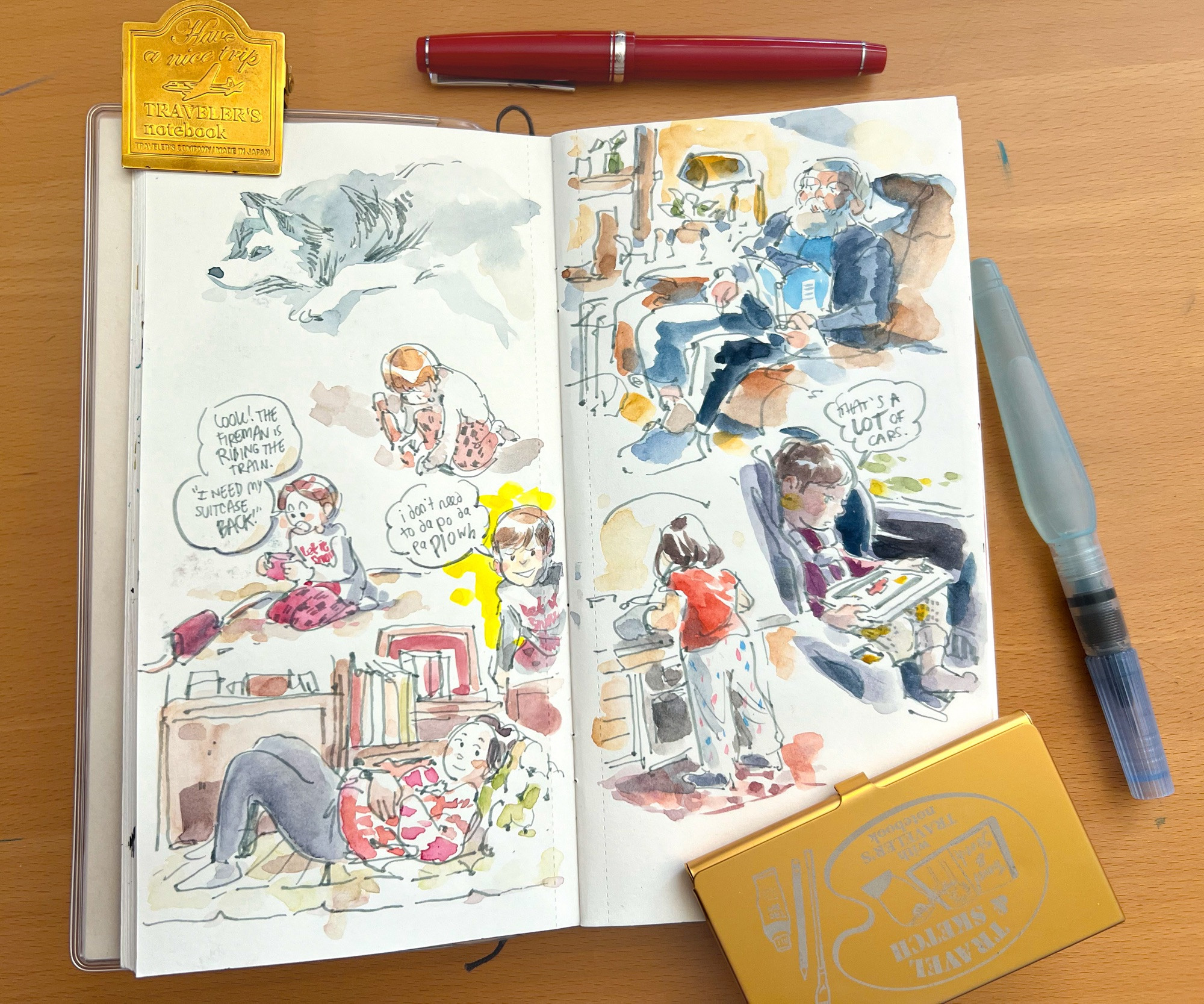 Photo of watercolor sketchbook spread featuring sketches of a toddler and other family members. Word balloons from toddler read:
1) Look! The fireman is riding the train. “I need my suitcase back!”
2) I don’t need to da pa da paplowh
3) that’s a LOT of cars.