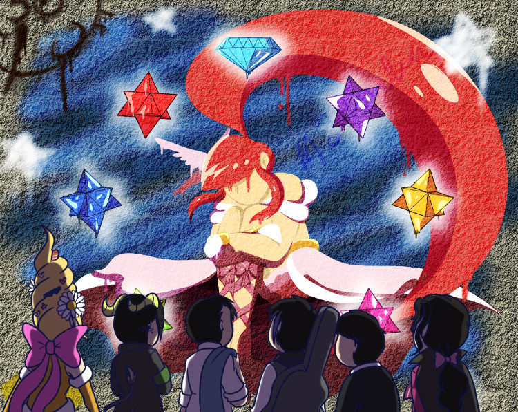 a spray paint of awakened magical girl Osomatsu against a wall. she's surrounded by gems and a diamond. there's graffiti of white stars and Hijirisawa Shonosuke. six derivatives of the Matsuno sextuplets can be seen looking at the painting. from the left there's Drag Queen Jyushimatsu, Akuma Rider Choromatsu, Denki Mystery Osomatsu, Band Karamatsu, Musical Ichimatsu, and Vampire Todomatsu. #おそ松さん #へそウォ愛は永遠不滅2024