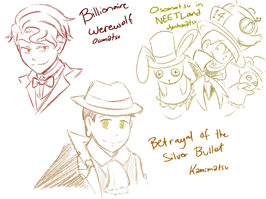 sketches of billionaire werewolf osomatsu, osomatsu in NEETland jyushimatsu (both from hesokuri wars), and betrayal of the silver bullet kamimatsu (from tabimatsu)