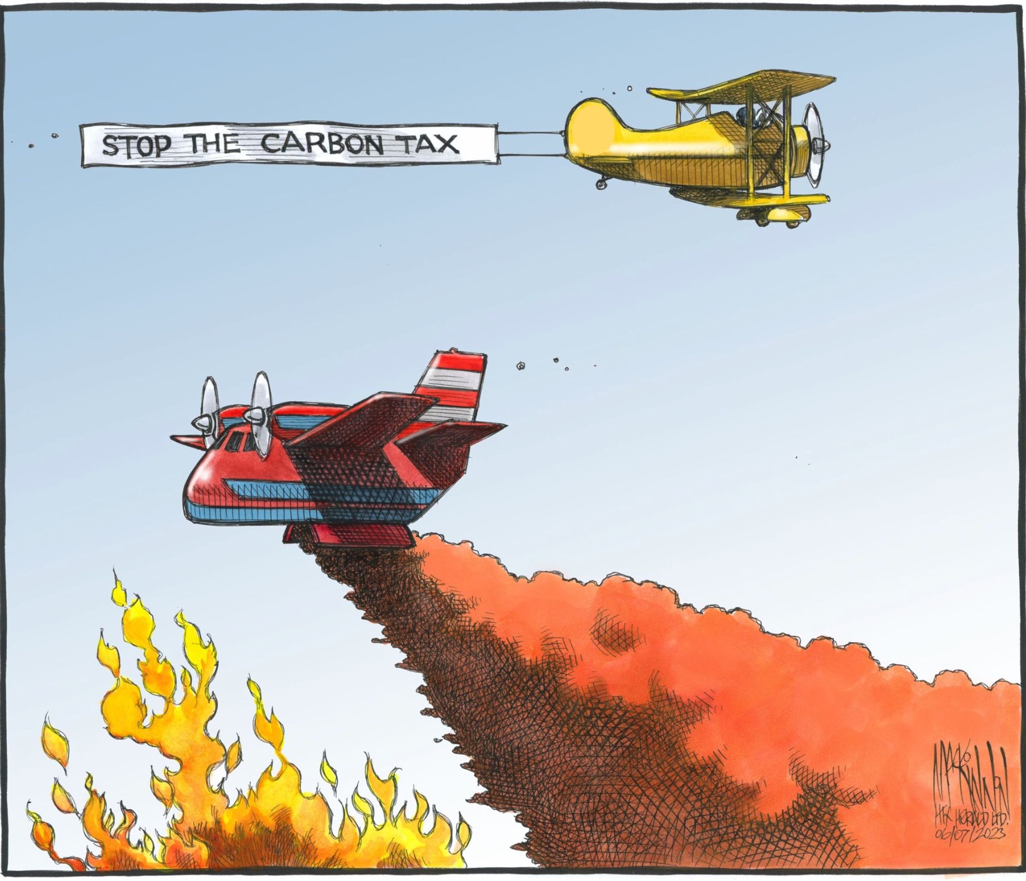 Plane bomber working to put out a wildfire, above flies a second plane in the opposite direction, reads "stop the carbon tax"