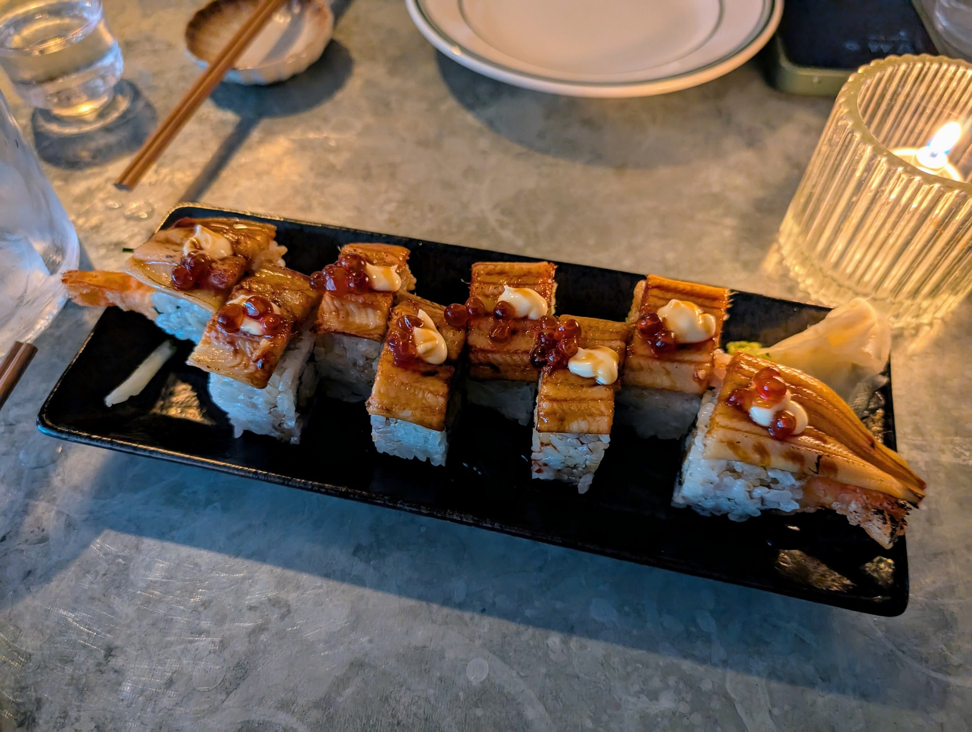 Plated sushi roll.