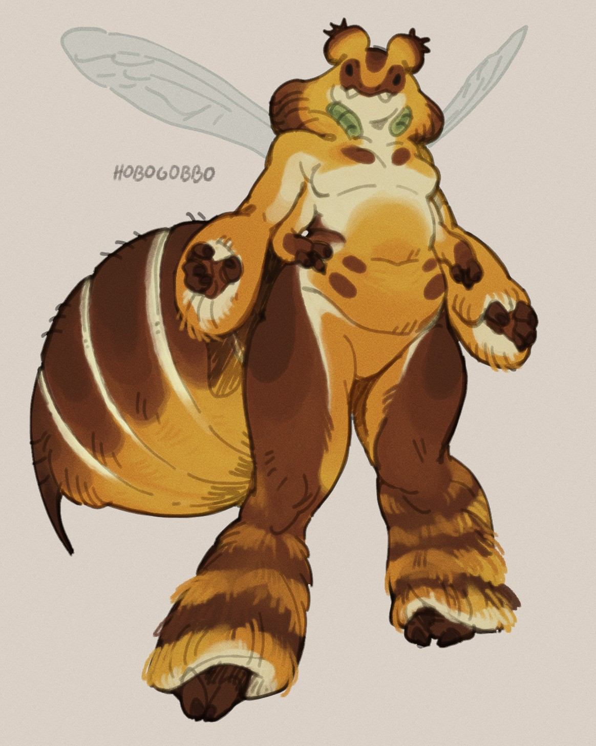 Anthro fem bee character with fluffy legs and a big round tail, in the shades of cream, brown and yellow with green accents. Has beady eyes and fangs poking out 