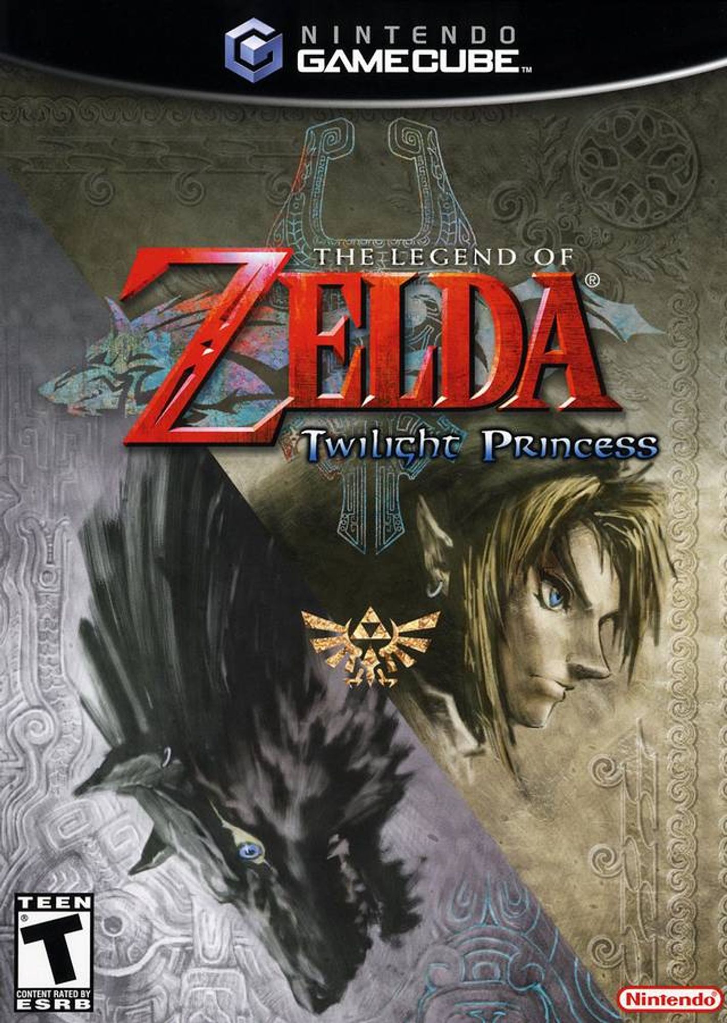 jaquette du jeu "The Legend of Zelda : Twilight Princess", sur nintendo Gamecube.
On y voit le visage de link, le protagoniste, tourné vers la droite sur un fond jaune/gris. 
Une ligne traverse la jaquette sur la diagnole et du côté opposé à Link, il y a un loup sur un fond de tapisserie gris. 
Le loup a les mêmes yeux bleus et la même boucle d'oreille que Link.