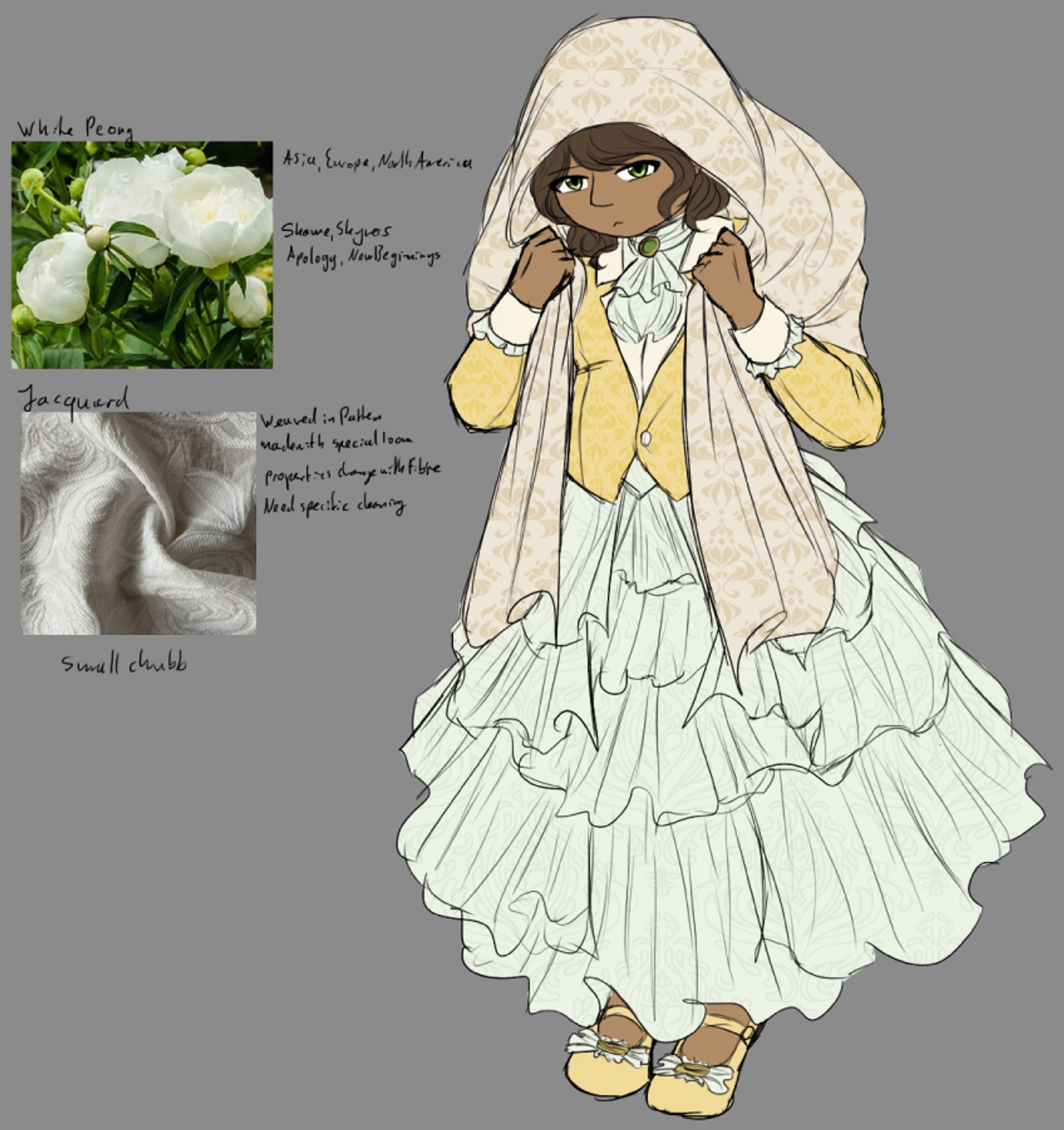 A young girl in a long ruffly dress in an almost white gree and a yellow suit jacket. She had short brown hair and covers her head and shoulders with a big scarf. She looks timidly at the viewer. Next to her are the two prompts for this drawing with reference images and listed traits for white Peony and Jacquard fabric