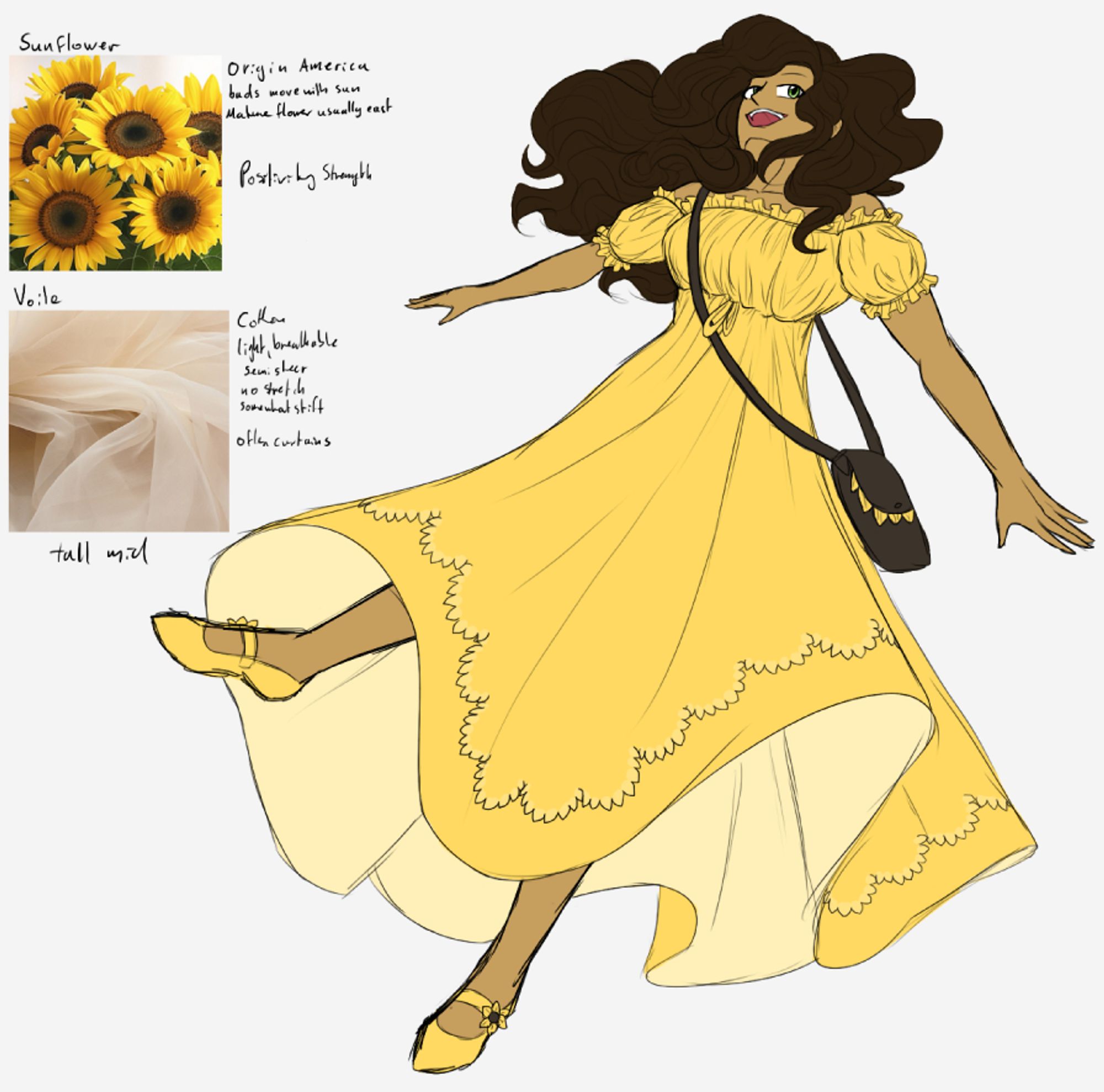 A lady in an empirewaisted yellow dress. The bottom has a trim similar to daisypetals. She has a little brown bag around her. Her hair is dark brown and wavy. She's depicted in motion as is falling or twirling in a field. Next to her are the two prompts for this drawing with reference images and listed traits for Sunflowers and Voile fabric