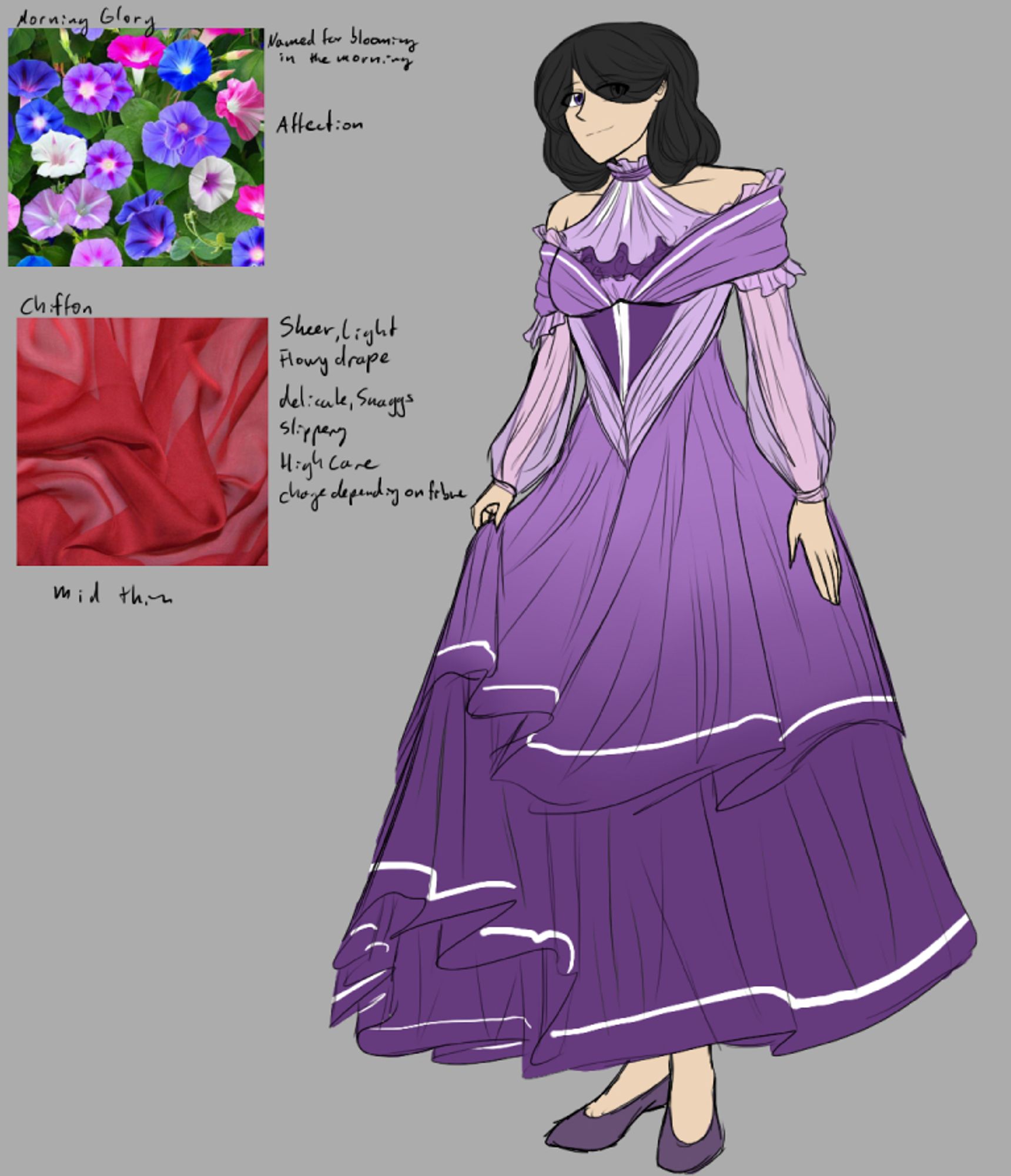 A woman with black hair in a long purple dress with sheer sleeves frill around the shoulders and chest and white stripes near the ends. Next to her are the two prompts for this drawing with reference images and listed traits for Morning Glory and Chiffon fabric.