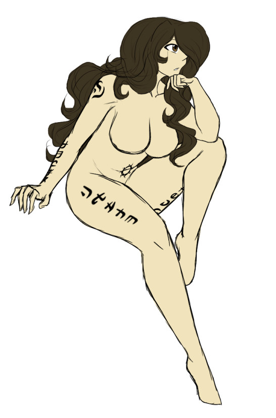 a drawing of a young woman with long brown wavy hair. she's sitting down with one leg perched up and an arm leaning on that leg, her chin leaned on the hand. the other arm and leg are outstretched, the hand is grabbing a non-depicted ledge. She's covered in tattoos, and not dressed as the drawing is meant as a non-explicit base