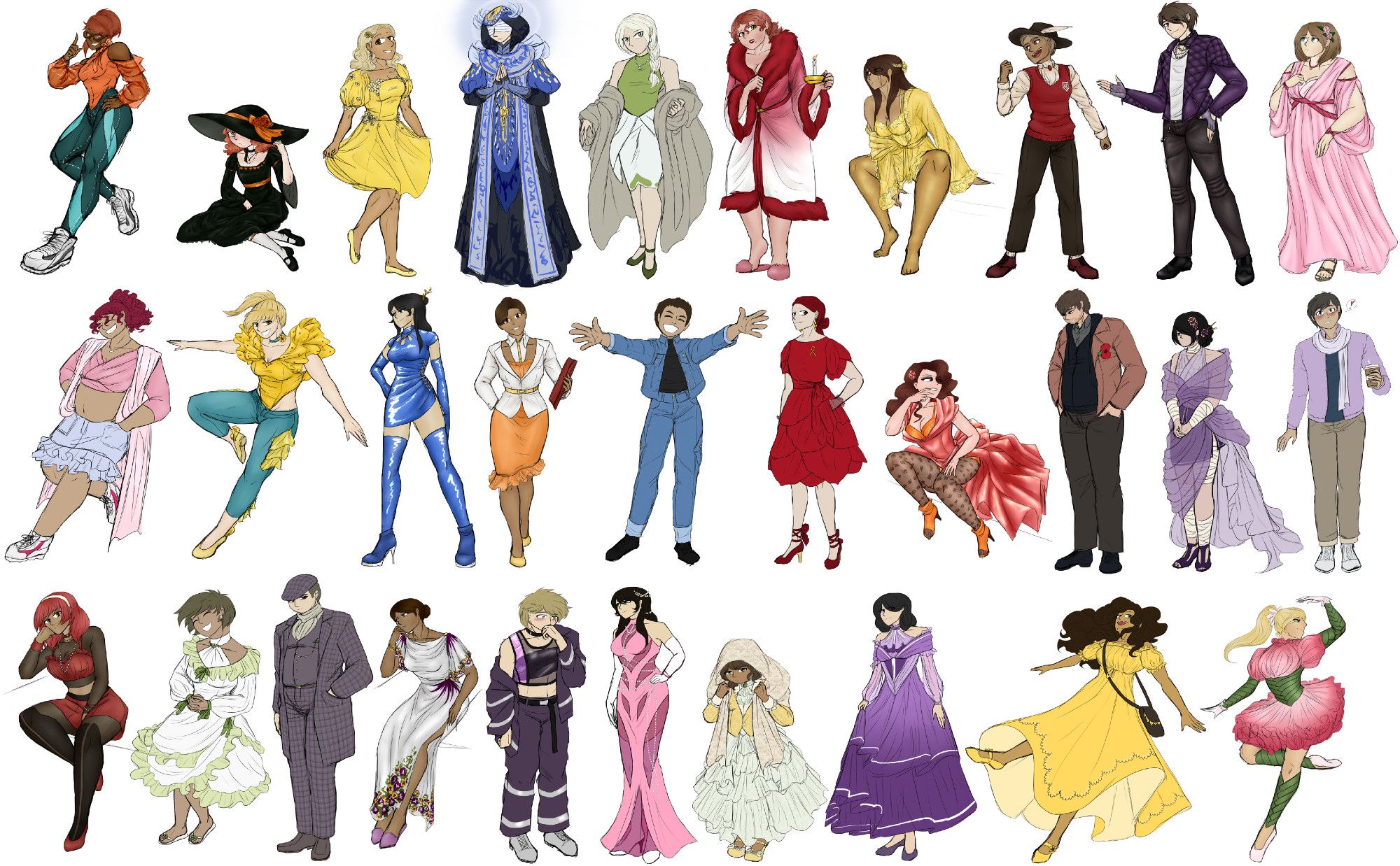 lineup of 30 character designs in an arrange of different outfits and colours