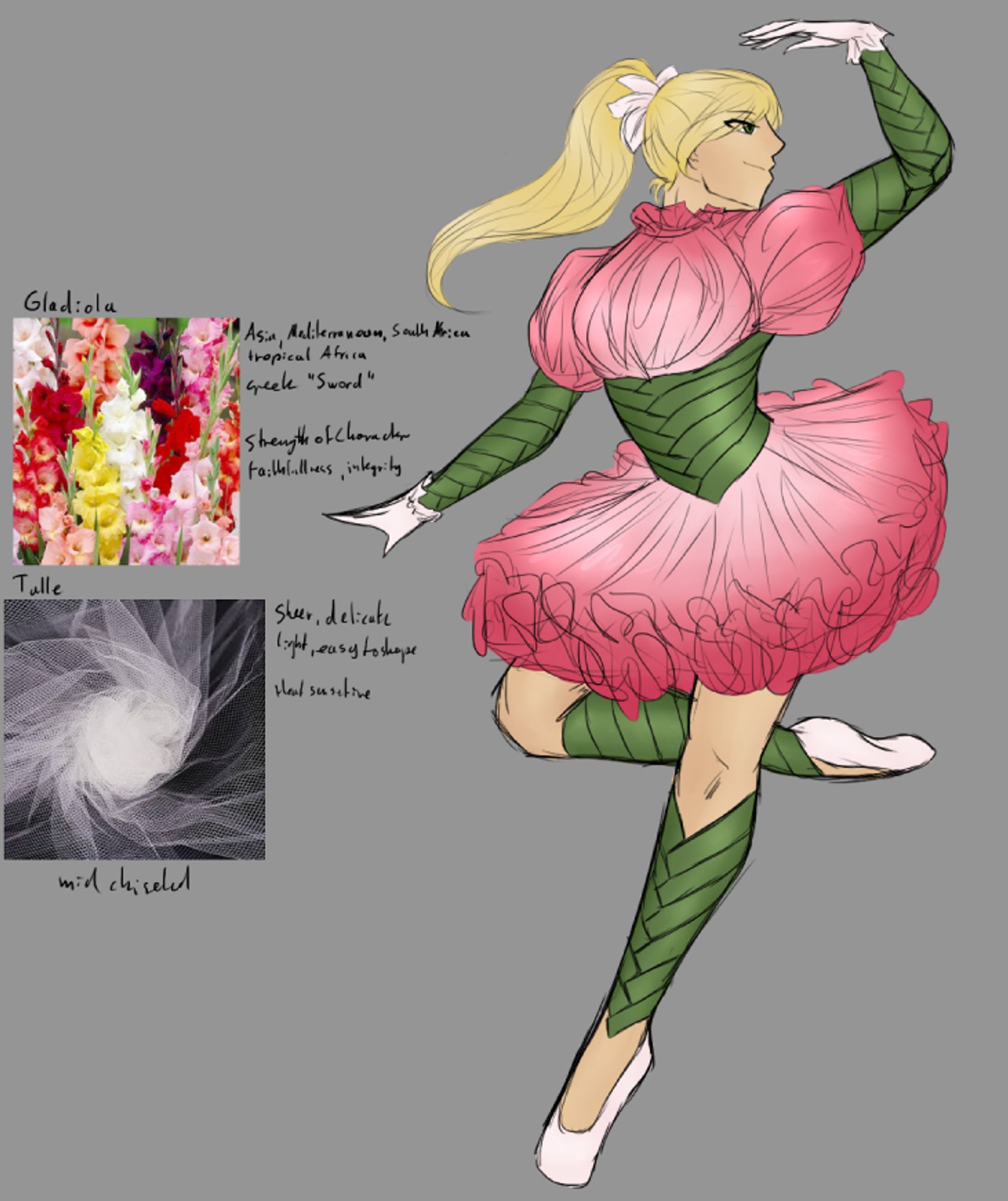 a lady with a blond ponytail in a pink ballet dress with green segments and white gloves, she's posed mid dance. Next to her are the two prompts for this drawing along with reference images and listed traits for Gladiola and Tulle.