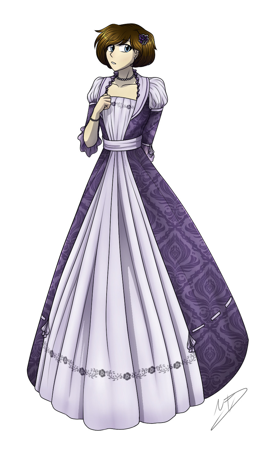 A young woman with short brown hair, wearing a fantasy historical dress in purples.