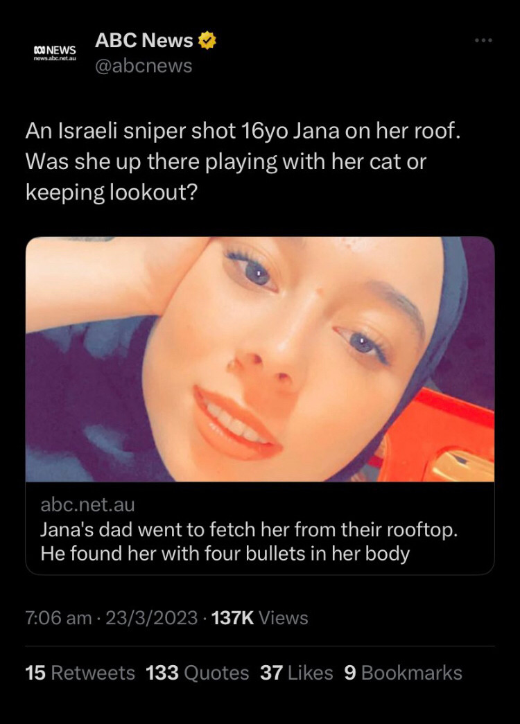 abc news suggesting legitimacy in israeli snipers shooting a Palestinian girl four times on her own roof