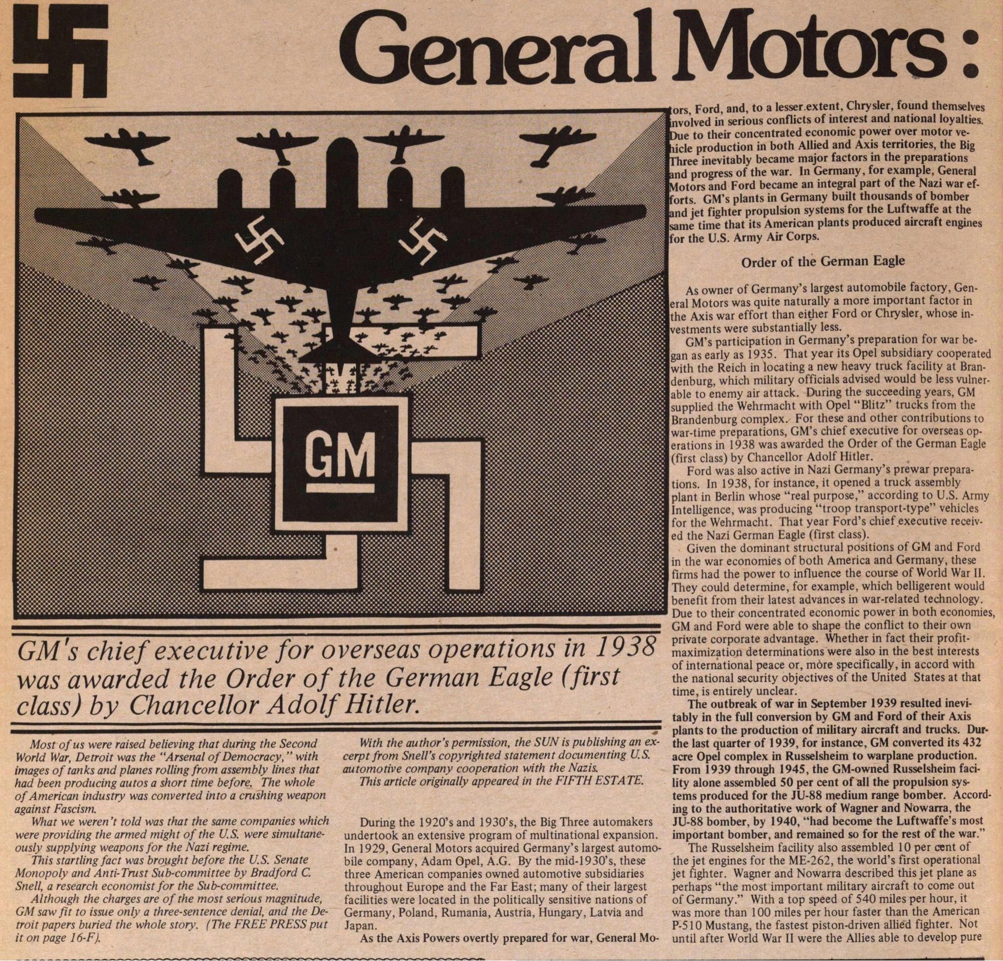 article on general motors receiving the order of the eagle from hitler in 1938 for their part in the nazi war effort