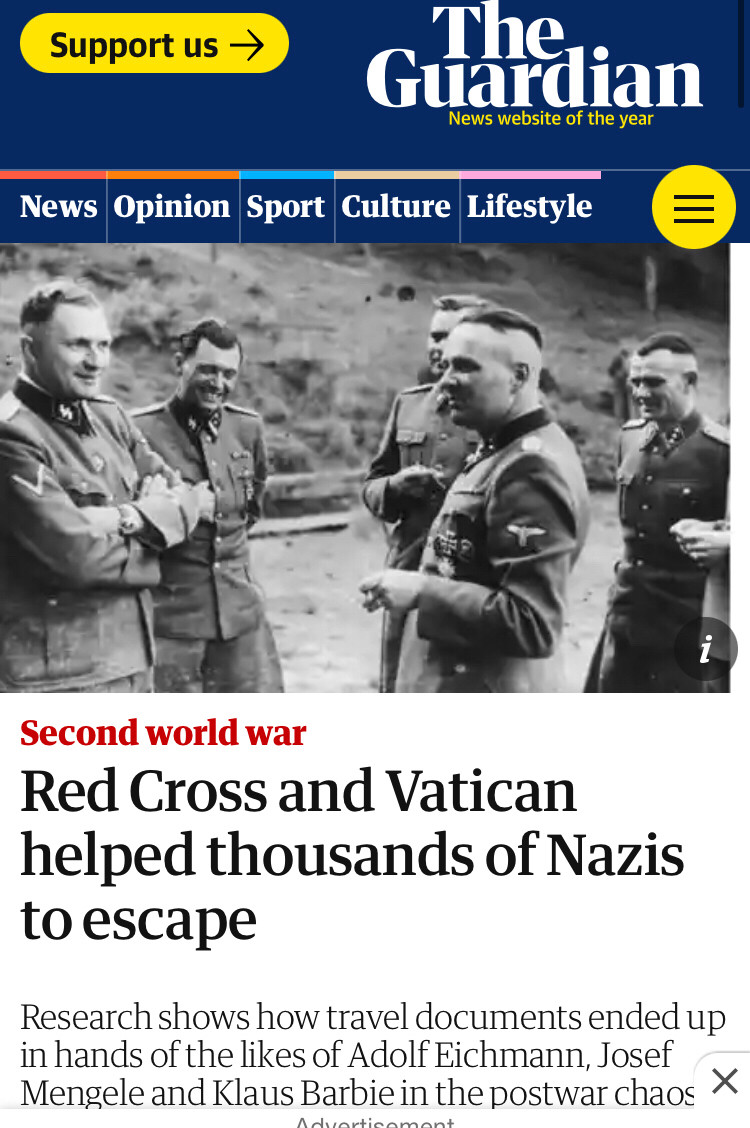 guardian article outlining how ratlines out of europe for nazis were established by red cross and the vatican, crusader shit