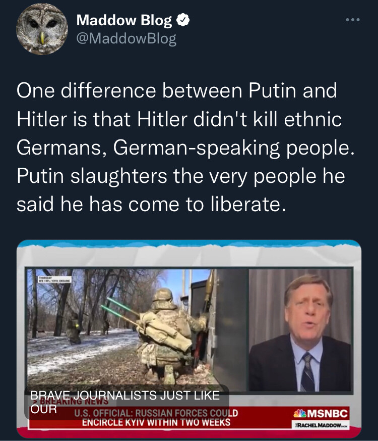 maddow blog saying (at least) hitler didn't kill ethnic germans, he did, as opposed to Putin who isn't doing that.  the fact that liberals are consistently on the wrong side of history in all this renders all those definitions not just pure fiction but actual fucking class treachery by suggestion.
