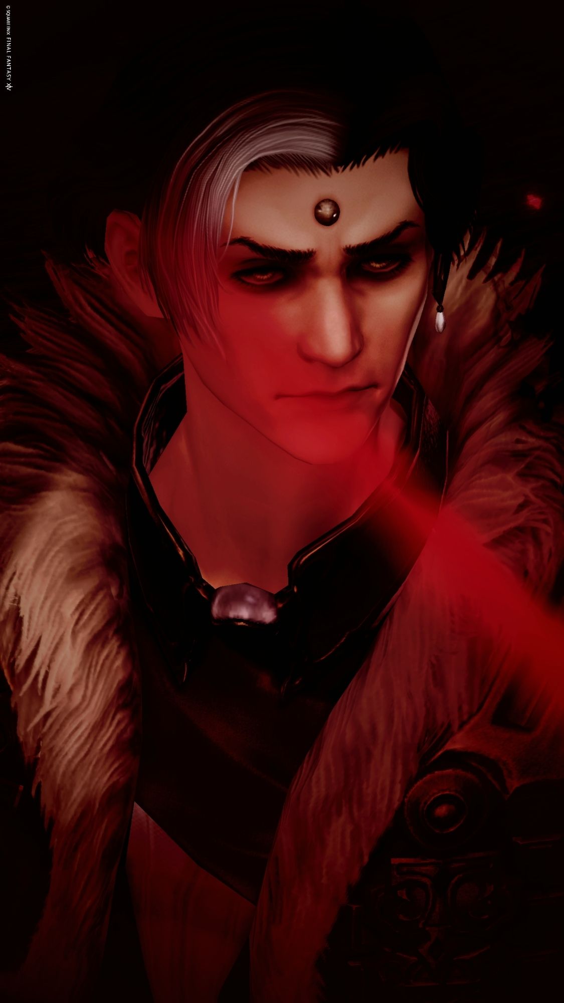 Emet-Selch from FFXIV surrounded by dark black and red colors and a red stripe across his face