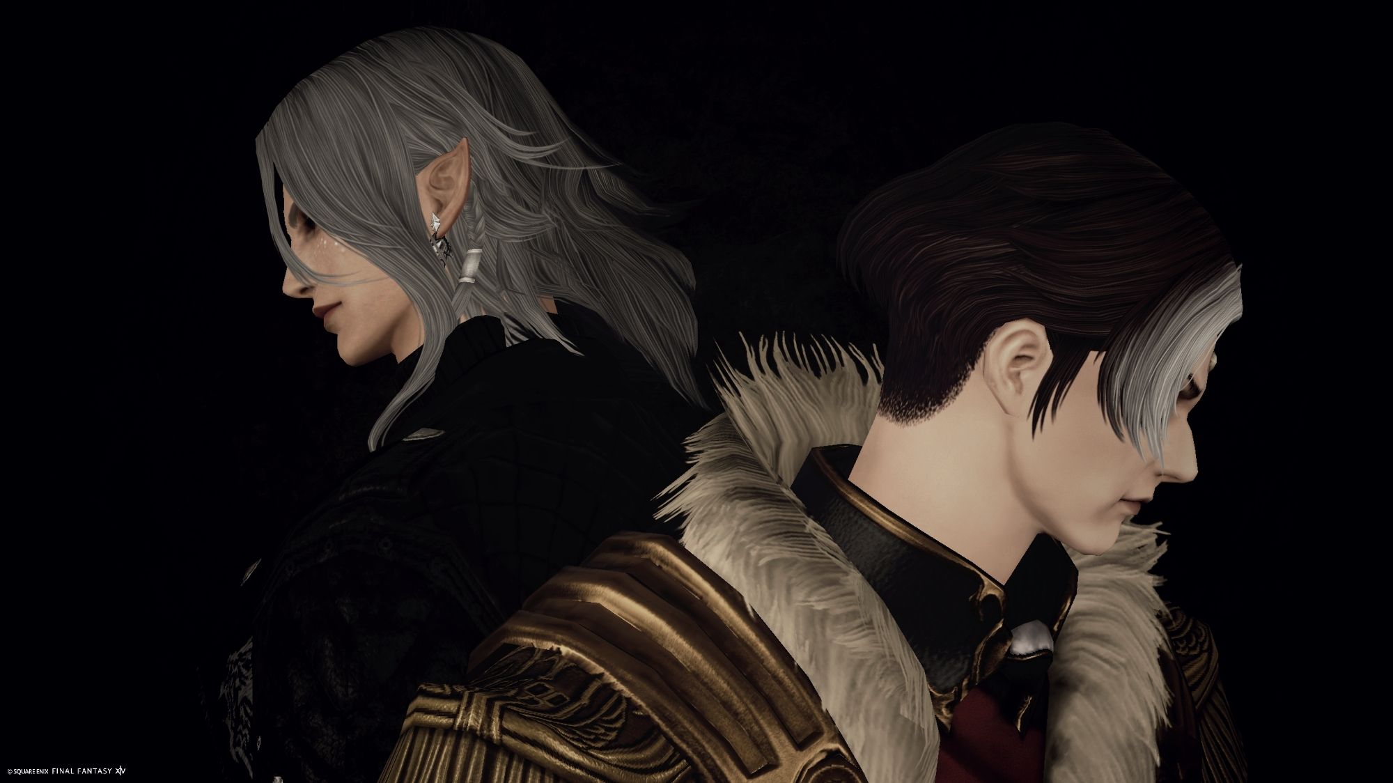 My WoL Caius and Emet-Selch from FFXIV standing back to back against a black background, looking in different directions