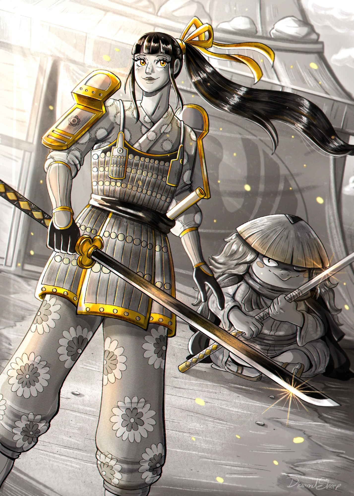 Ilustration from the characters Kiku and Kawamatsu from One Piece holding their swords, the ilustration has a black and white monochrome palette with yellow/gold accents.