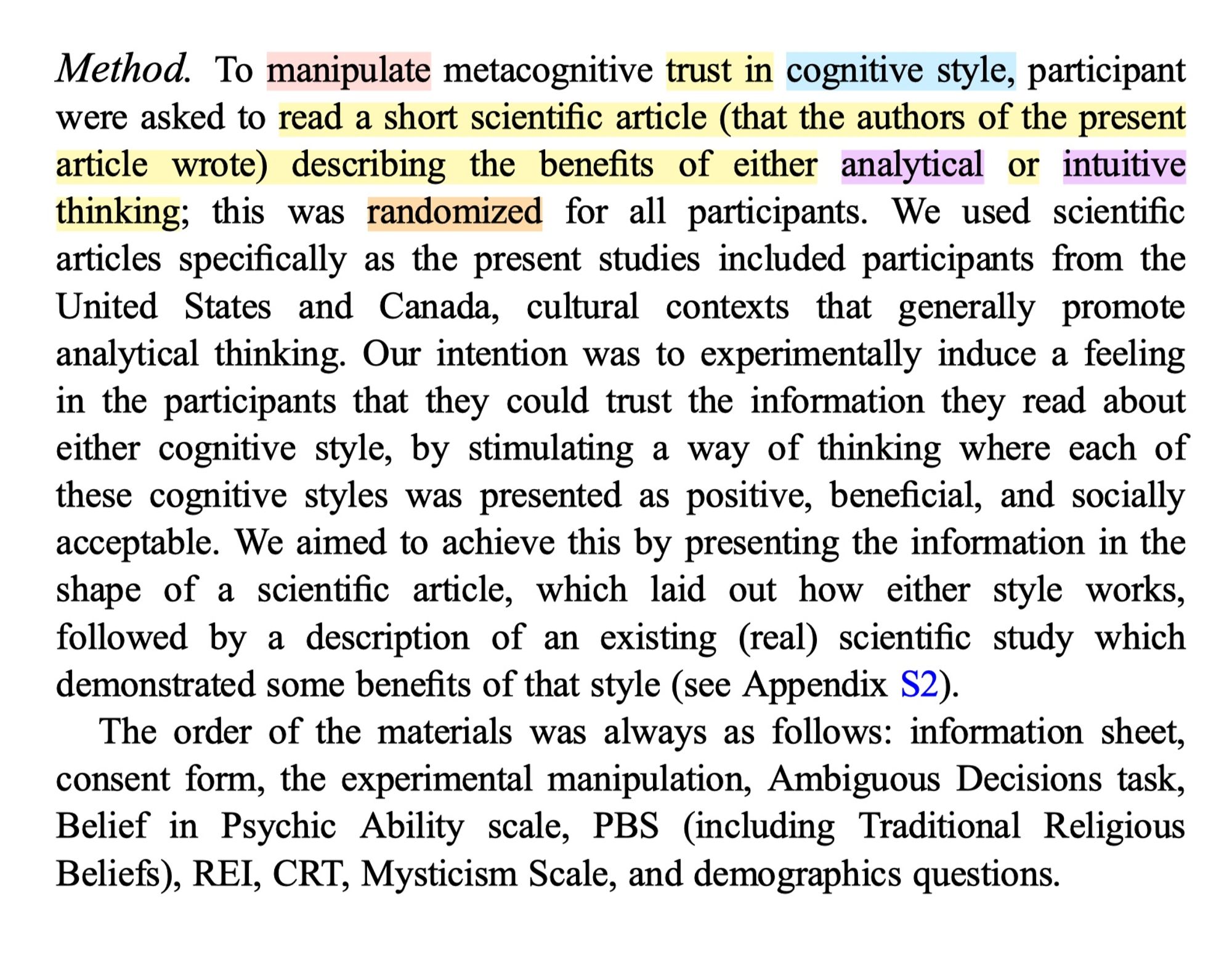 The experimental manipulation and survey order