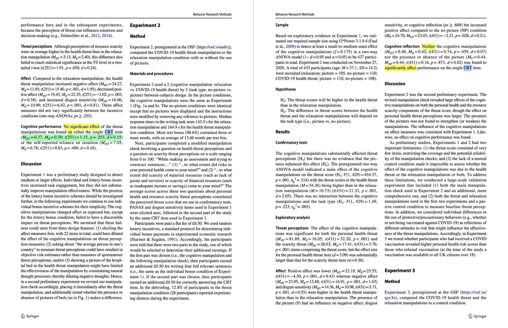 Experiment 1 results and Experiment 2