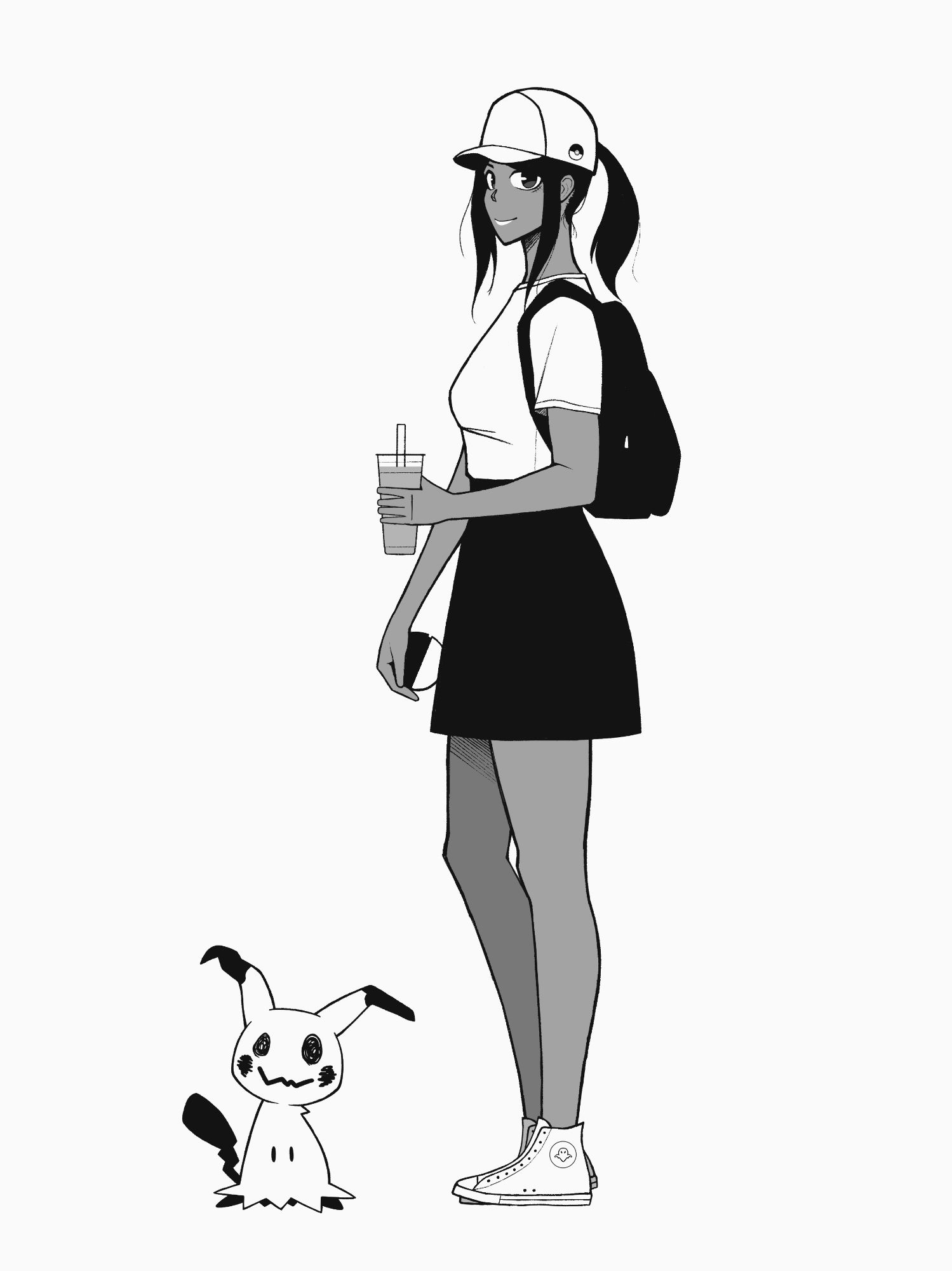 Achromatic illustration of a woman standing while holding a beverage and pokéball. She’s wearing a baseball hat, tee, skirt, and high-top sneakers. Mimikyu is standing beside her.