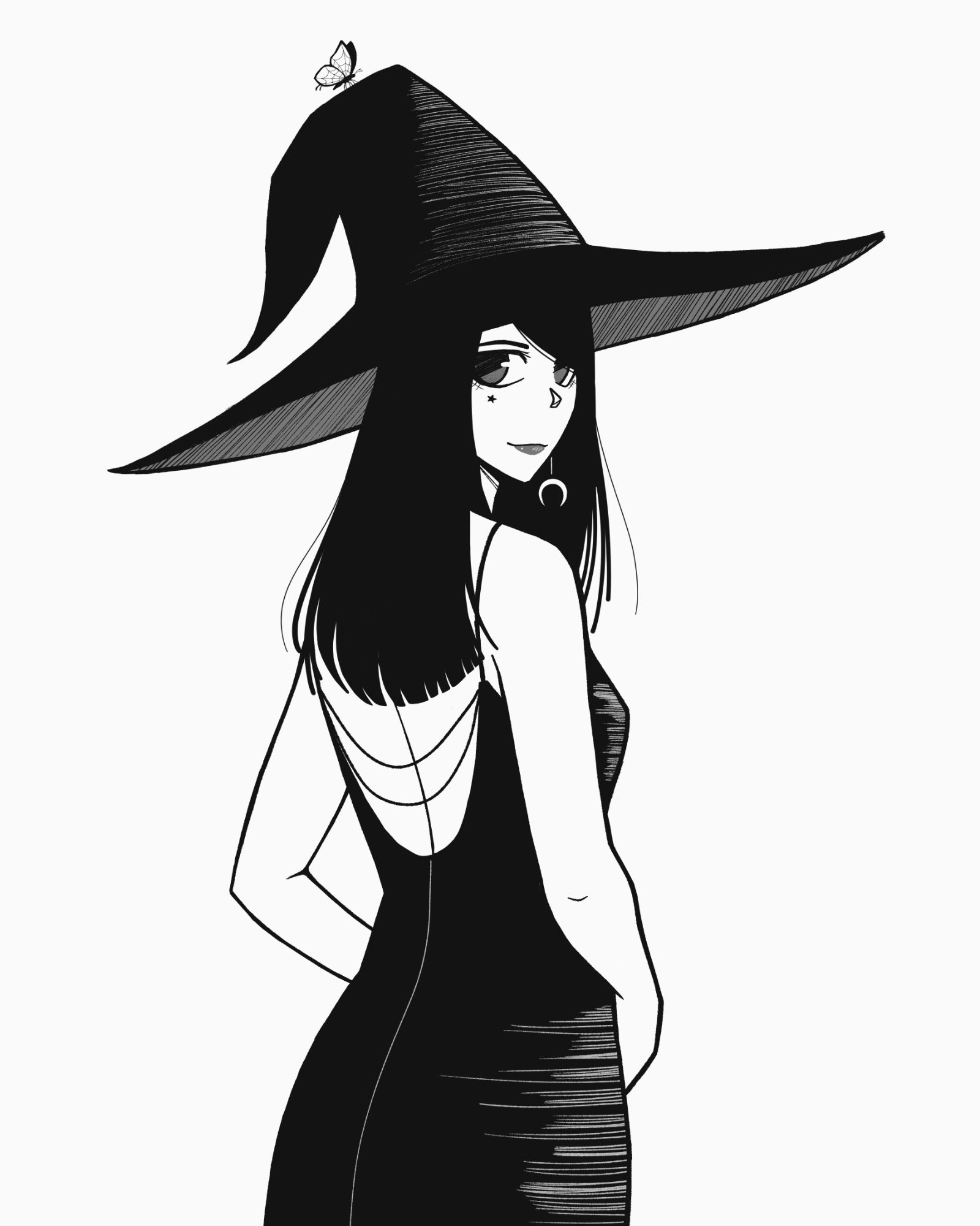 Achromatic illustration of a woman with long black hair looking over her shoulder. She’s wearing a black dress and witch hat with a butterfly perched on top.