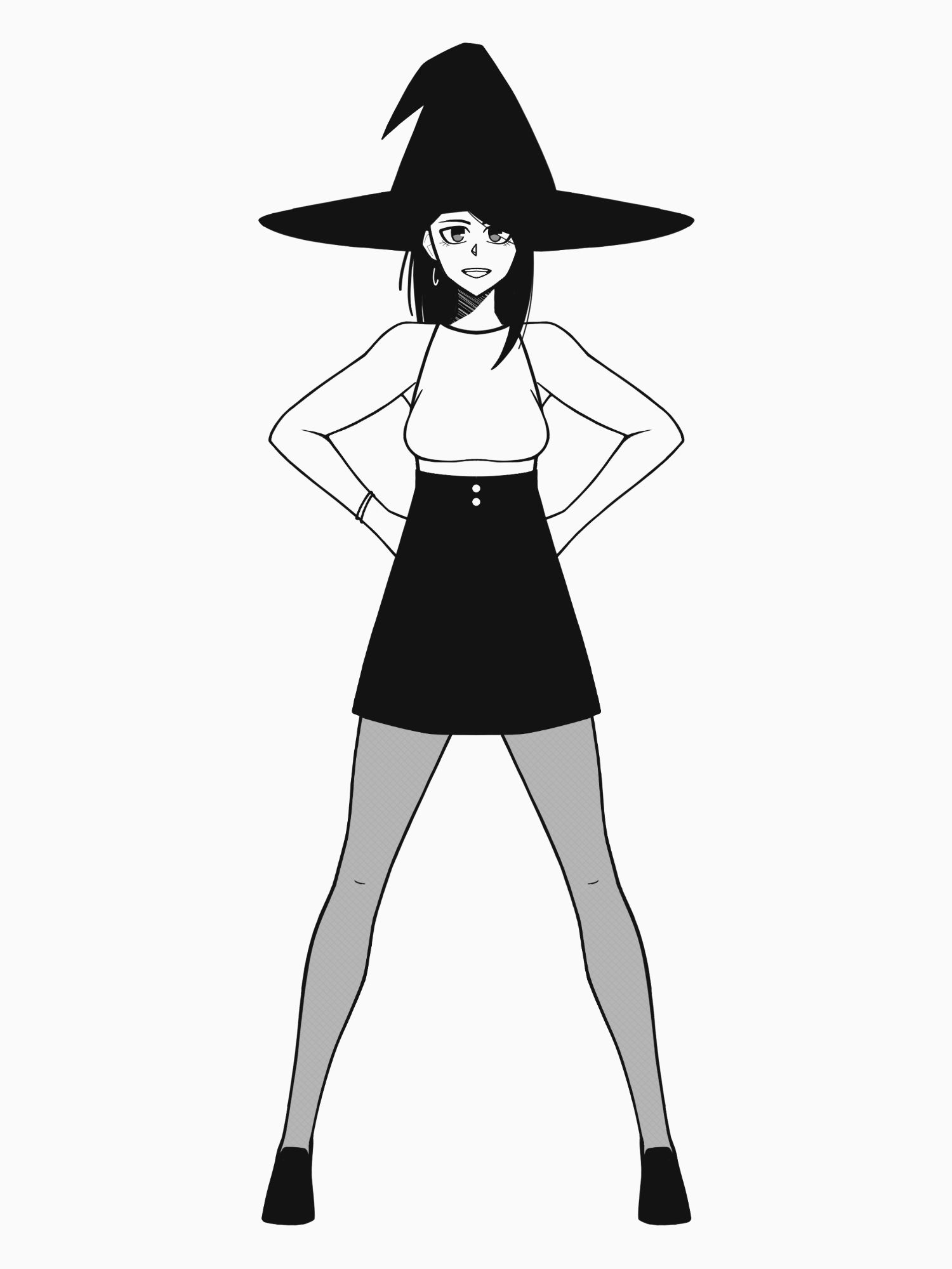 Achromatic illustration of a woman standing with her hands on her hips. She’s wearing a witch hat, sleeveless top, high waisted skirt, and Chelsea boots.