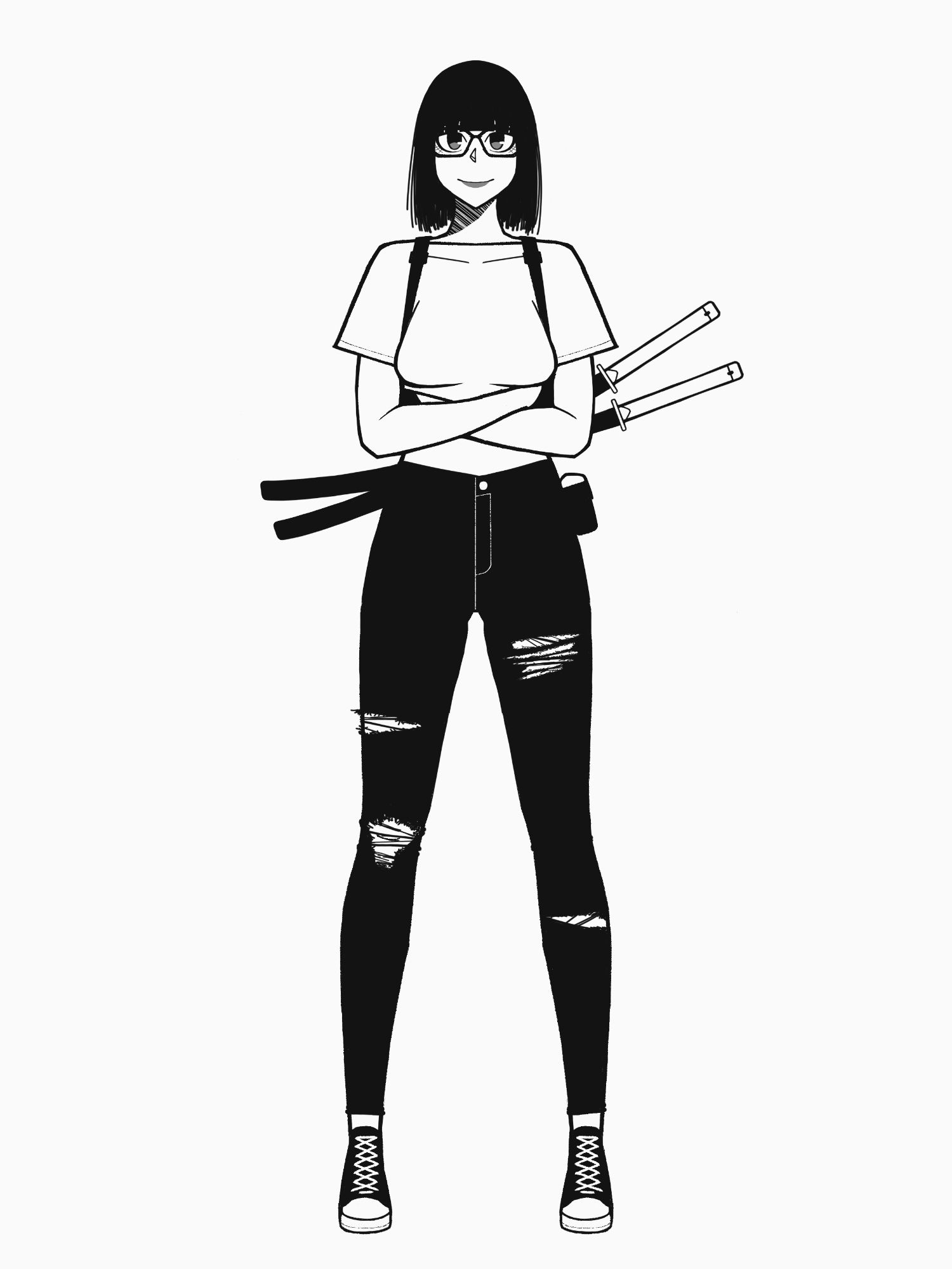 Achromatic illustration of a woman standing with her arms crossed while carrying two katanas on her back. She’s wearing glasses, a tee and skinny jeans.