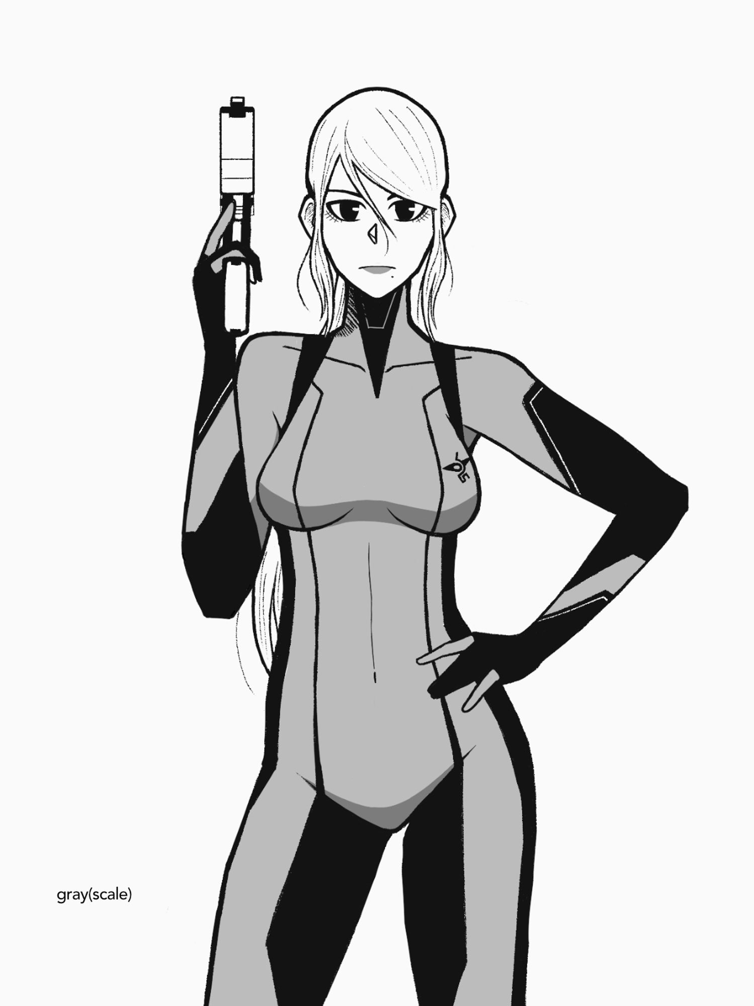 Achromatic illustration of Samus in the Zero Suit from Samus Returns.