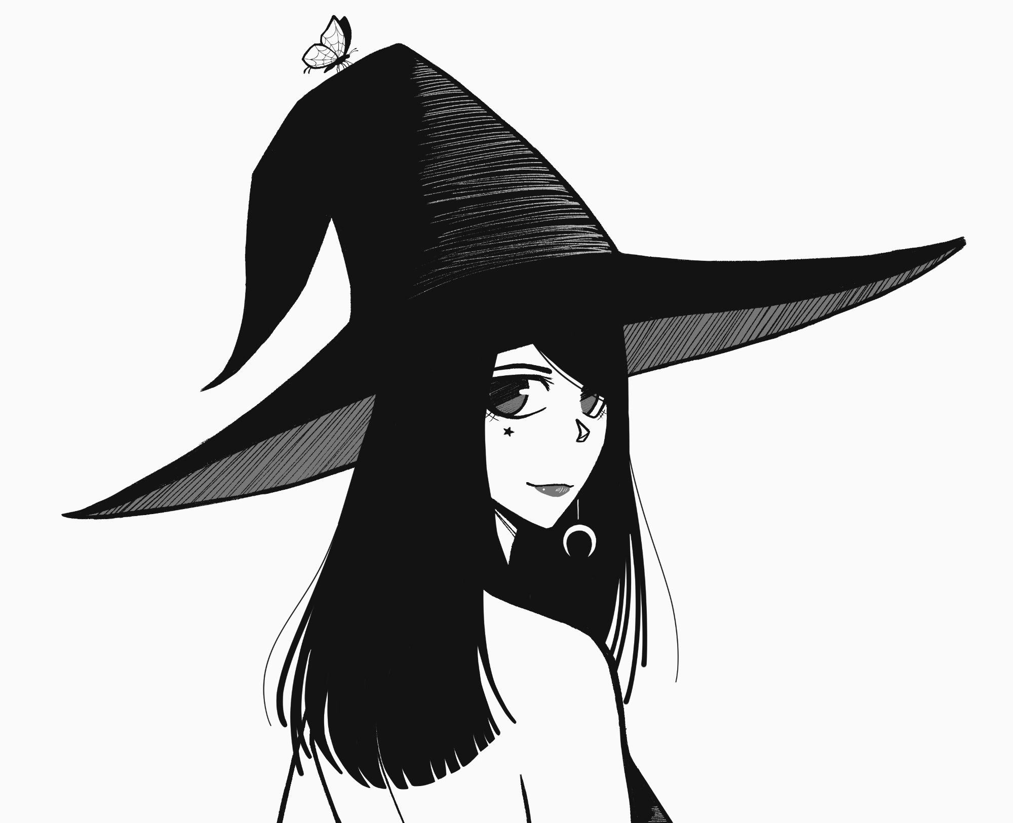 Achromatic illustration of a woman with long black hair looking over her shoulder. She’s wearing a witch hat with a butterfly perched on top.