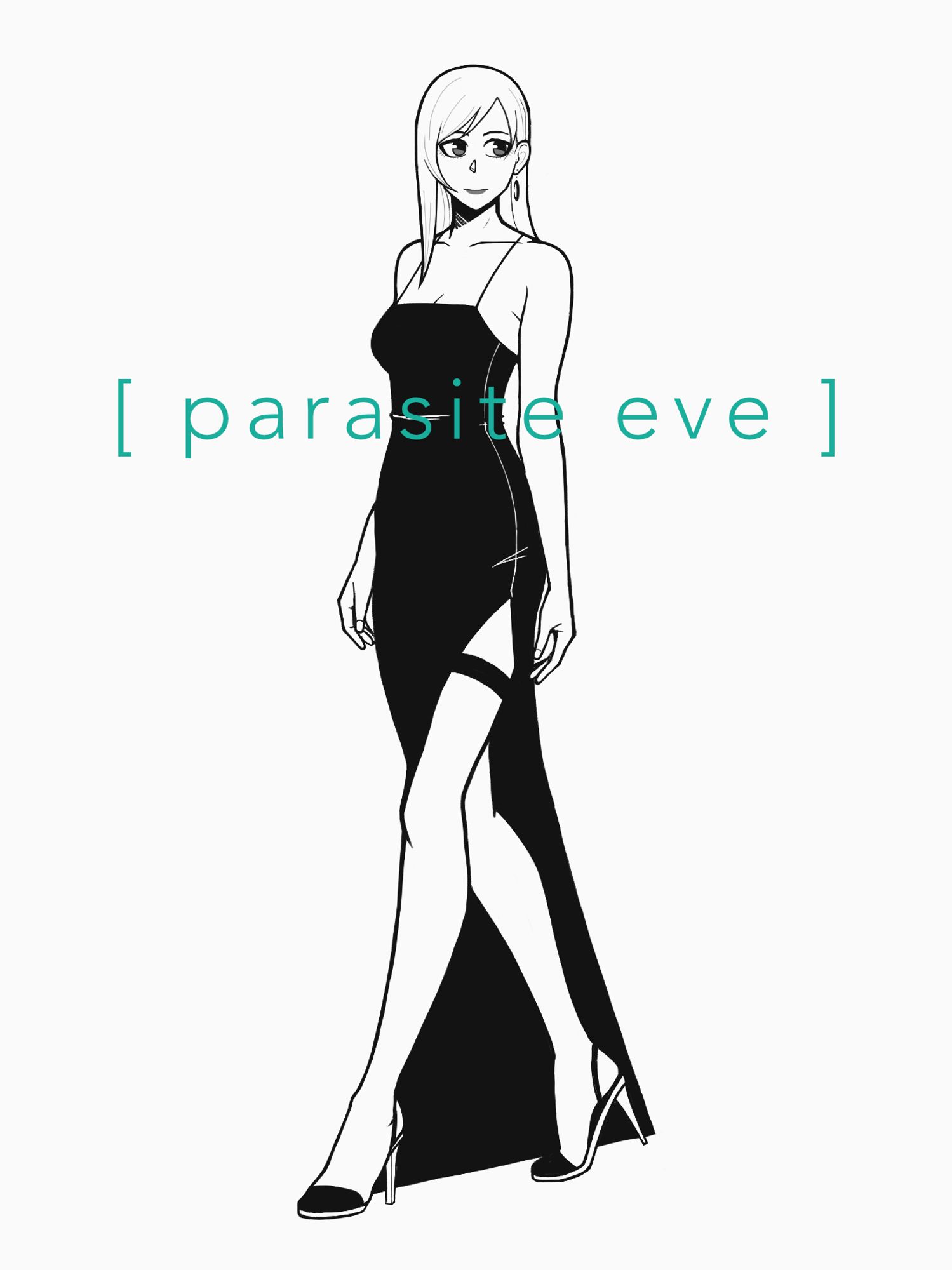 Achromatic illustration of Aya Brea from Parasite Eve wearing a black dress and stiletto heels.