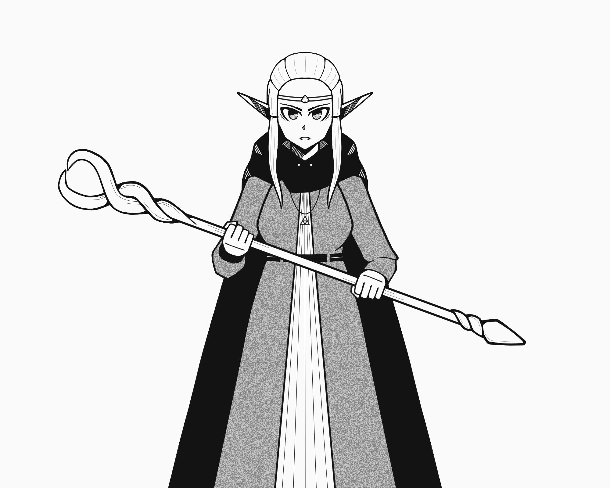 Achromatic illustration of Zelda wearing a dress and cloak while holding a staff.