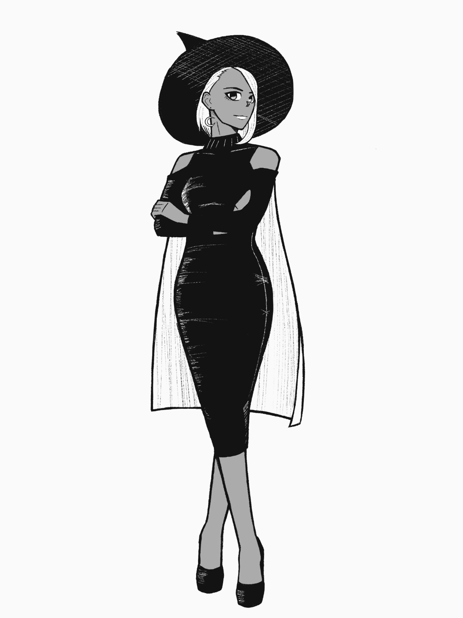 Sketch of a woman wearing a black dress, cape, and witch hat.