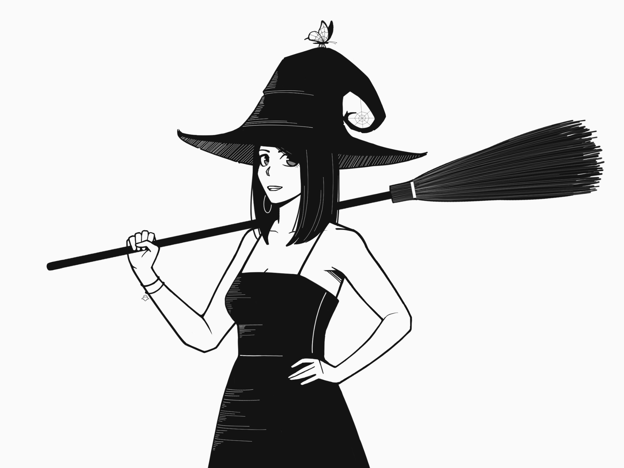 Achromatic illustration of a woman holding a broom on her shoulder. She’s wearing a witch hat and long black dress. A butterfly is perched on top of the hat.