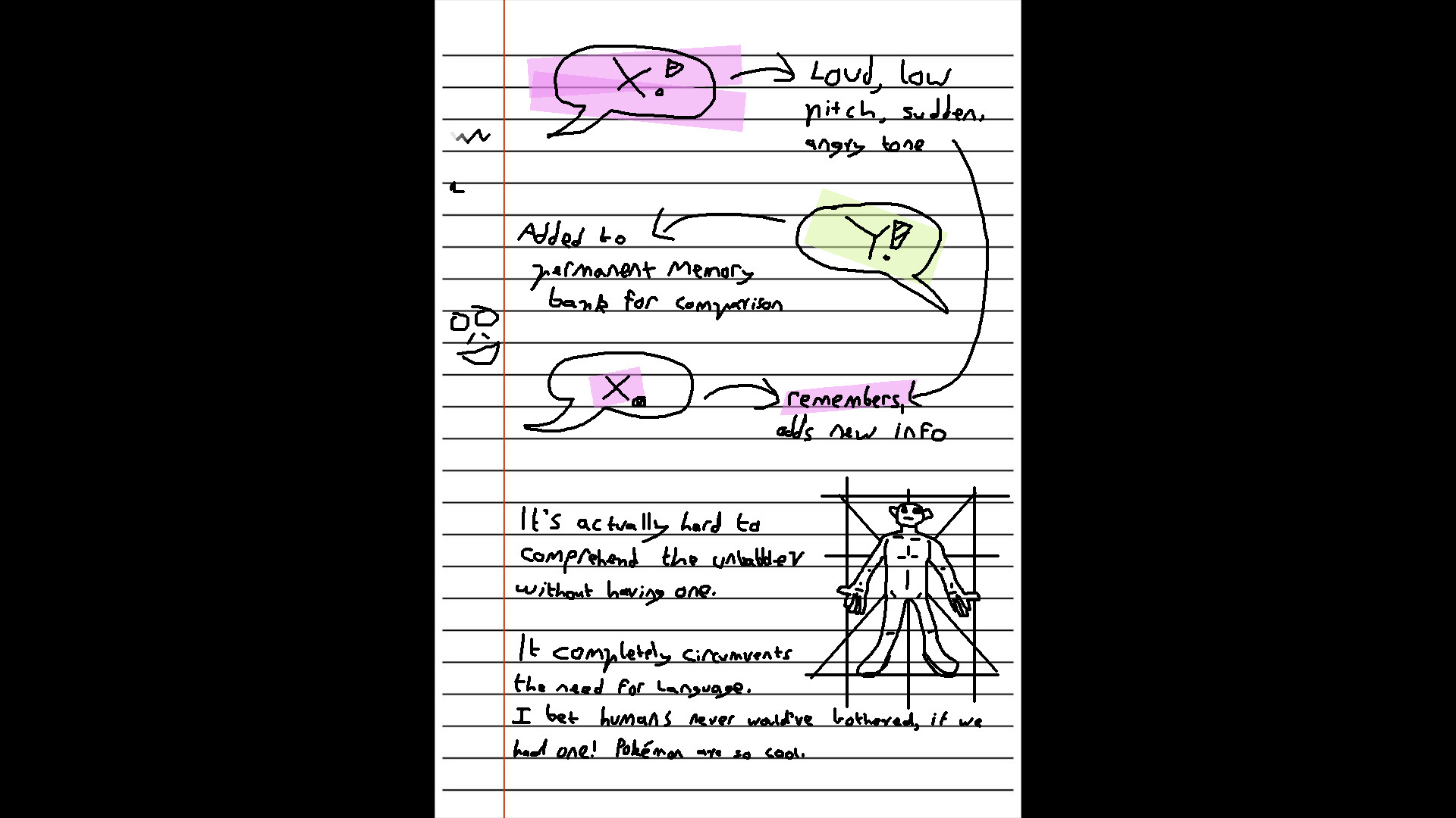 (A diagram showing how the unbabbler compares sounds it hears with its permanent memory bank of previously-heard sounds for future comparisons. When "X!" is yelled, it recalls the sound, the loudness, the low pitch, that it was sudden, and that it was said in an angry tone. Then when "x." is said more calmly, it remembers the last time that similar noise was made, and adds all the new information about this time.)

Body text: It's actually hard to comprehend the unbabbler without having one.

It completely circumvents the need for language. I bet humans never would've bothered, if we had one! Pokemon are so cool.

(A diagram of the human body in the anatomical position)