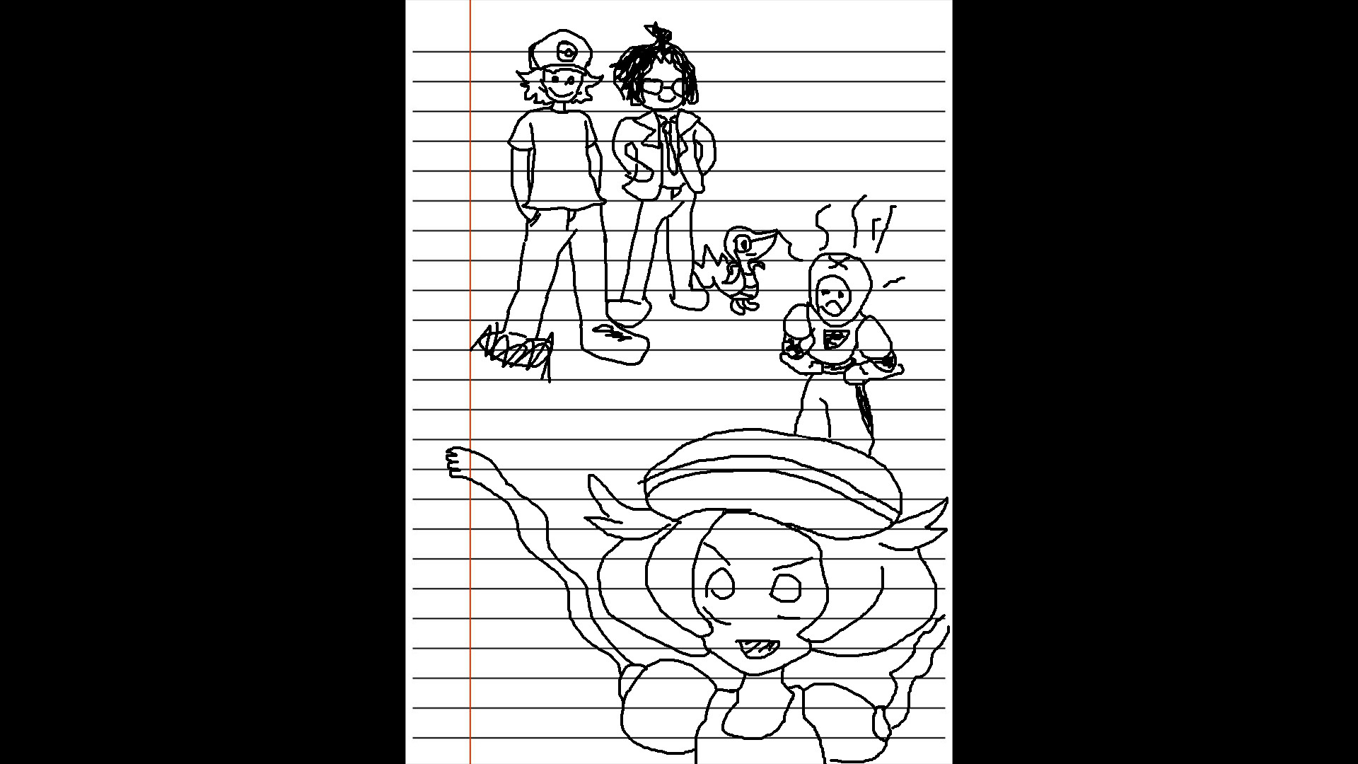 (A doodled drawing of Aiden, Cheren, and Snivy standing together and smiling. A Team Plasma grunt is frowning, and stink lines are coming off of him. In the foreground, Bianca is waving her arms and looking mischievous.)