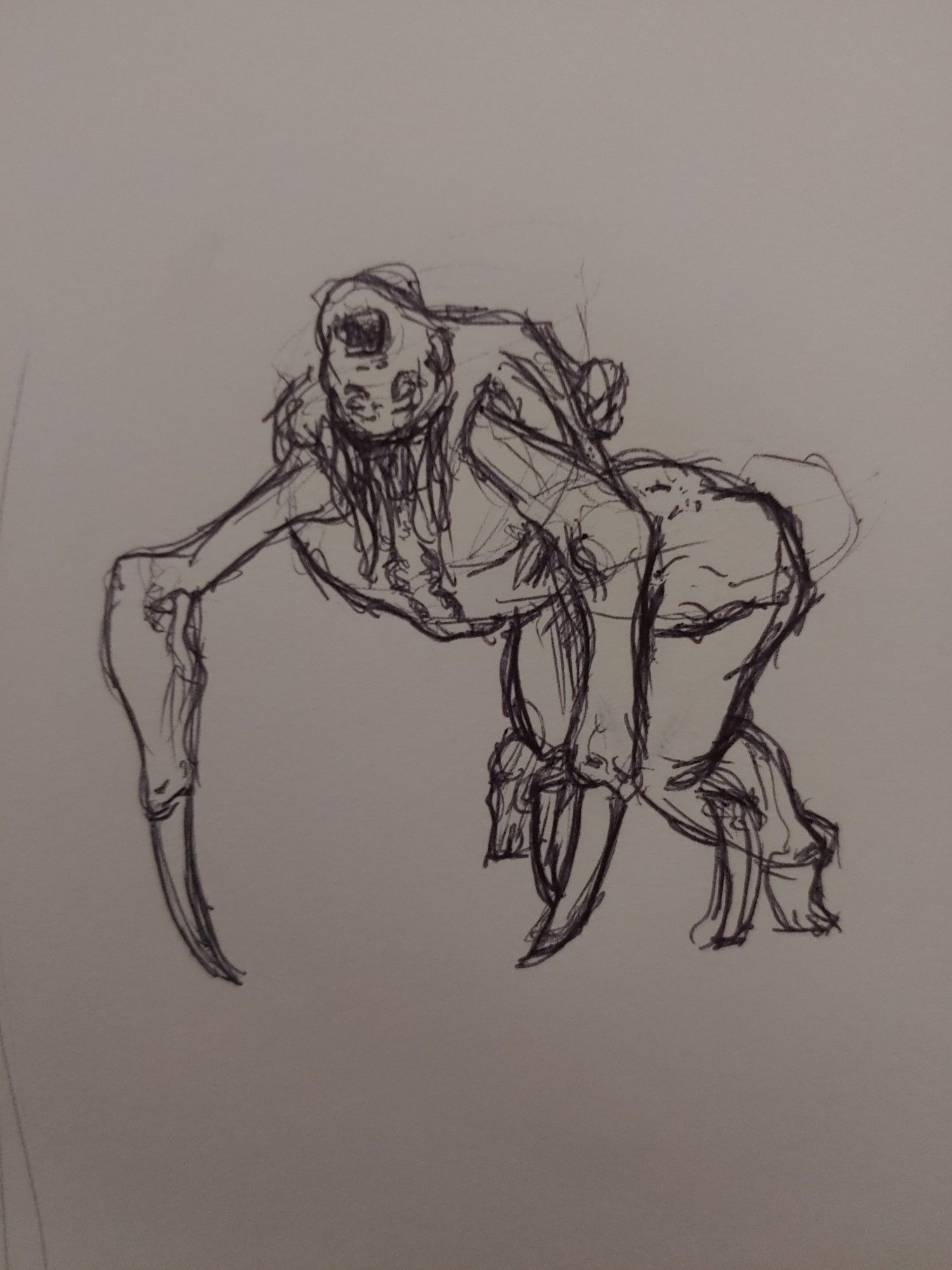 Pen drawing of a monster made out of a human body. Their torso is twisted around and their head is flopped backwards, mouth agape. Bladed arms jut from the shoulderblades, and its legs are supported by bone spikes coming from the shin.