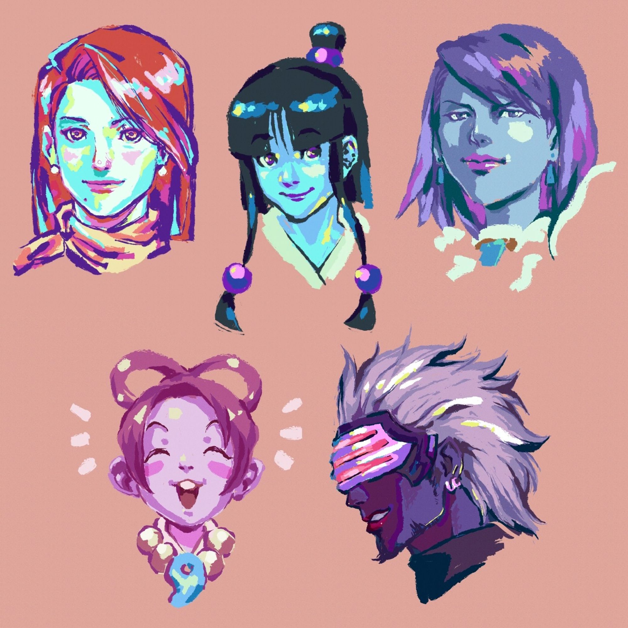 colorful digital portraits of Mia Fey, Maya Fey, Franziska von Karma, Pearl Fey and Godot from Ace Attorney.