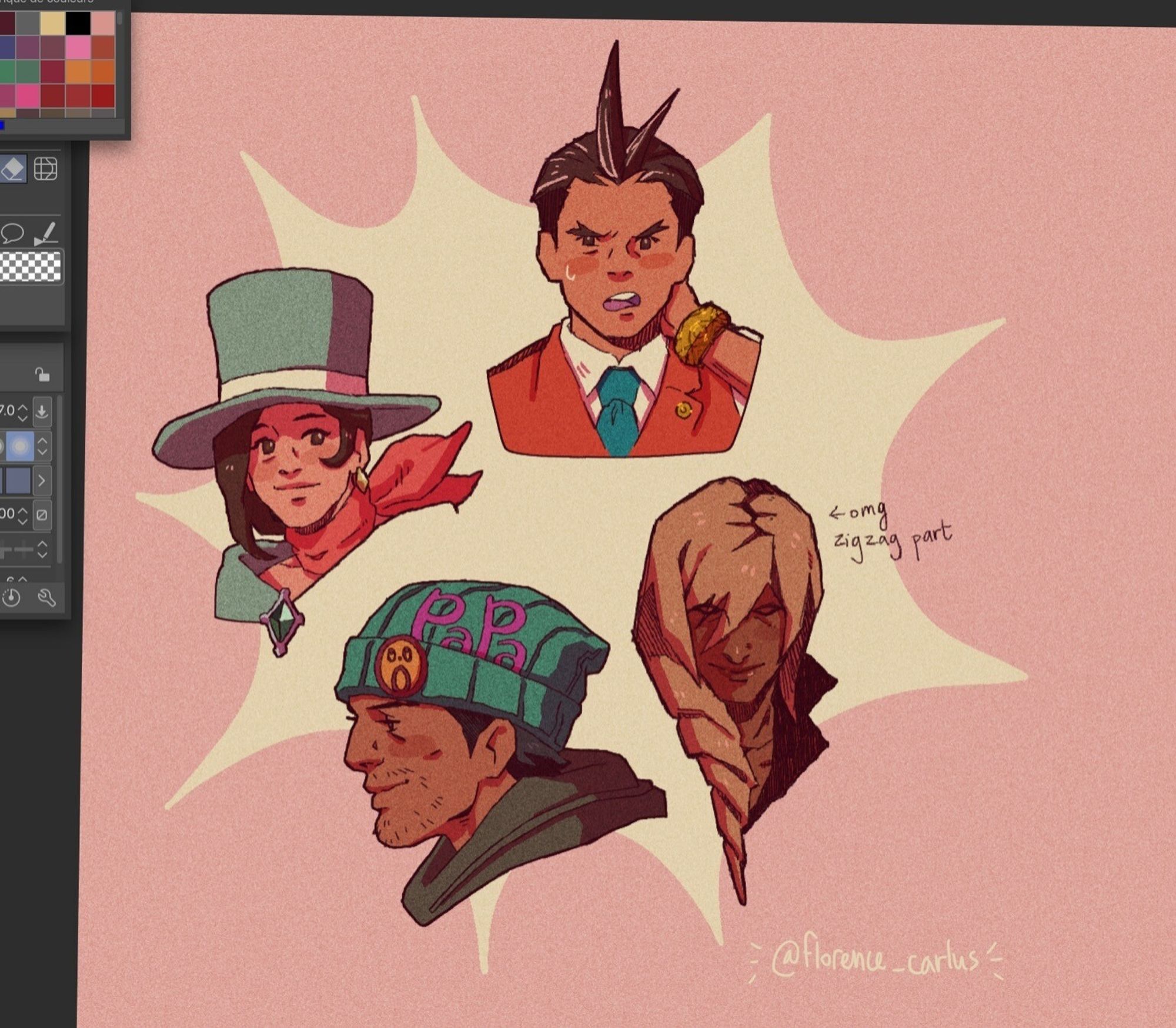 digital headshots of Trucy Wright, Apollo Justice, Phoenix Wright and Klavier Gavin.