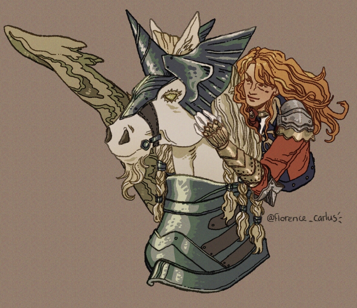 Digital drawing of Ferdinand von Aegir as depicted after the timeskip in the Fire Emblem Three Houses video game. He's riding a white pegasus horse in armor.