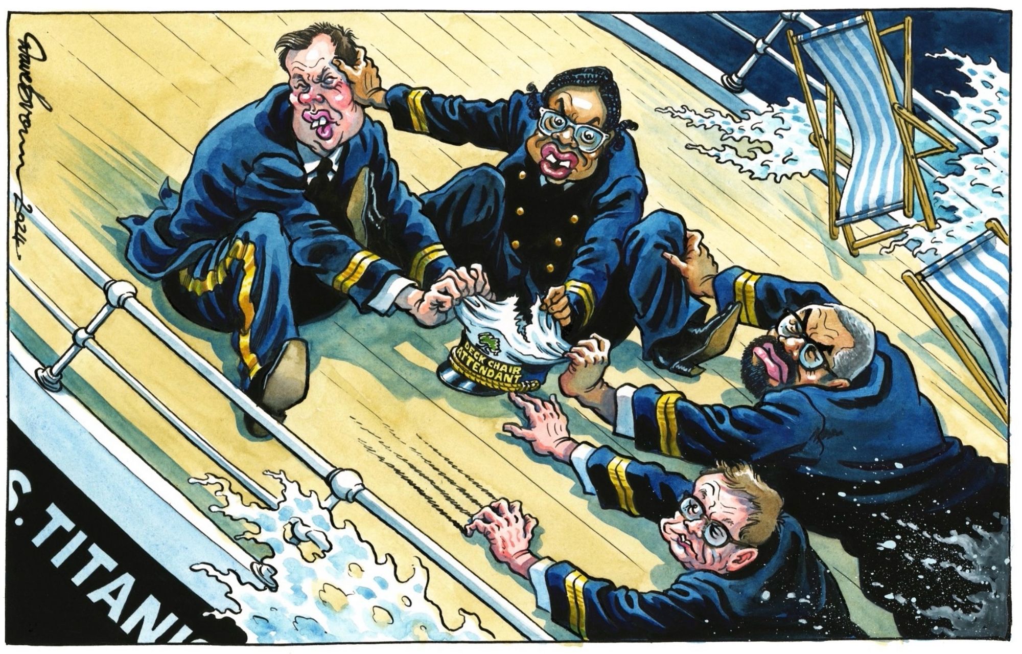 Cartoon by Dave Brown of the four Conservative Party leadership candidates, on the deck of the rapidly sinking Titanic, fighting over the Deck Chair Attendant cap.