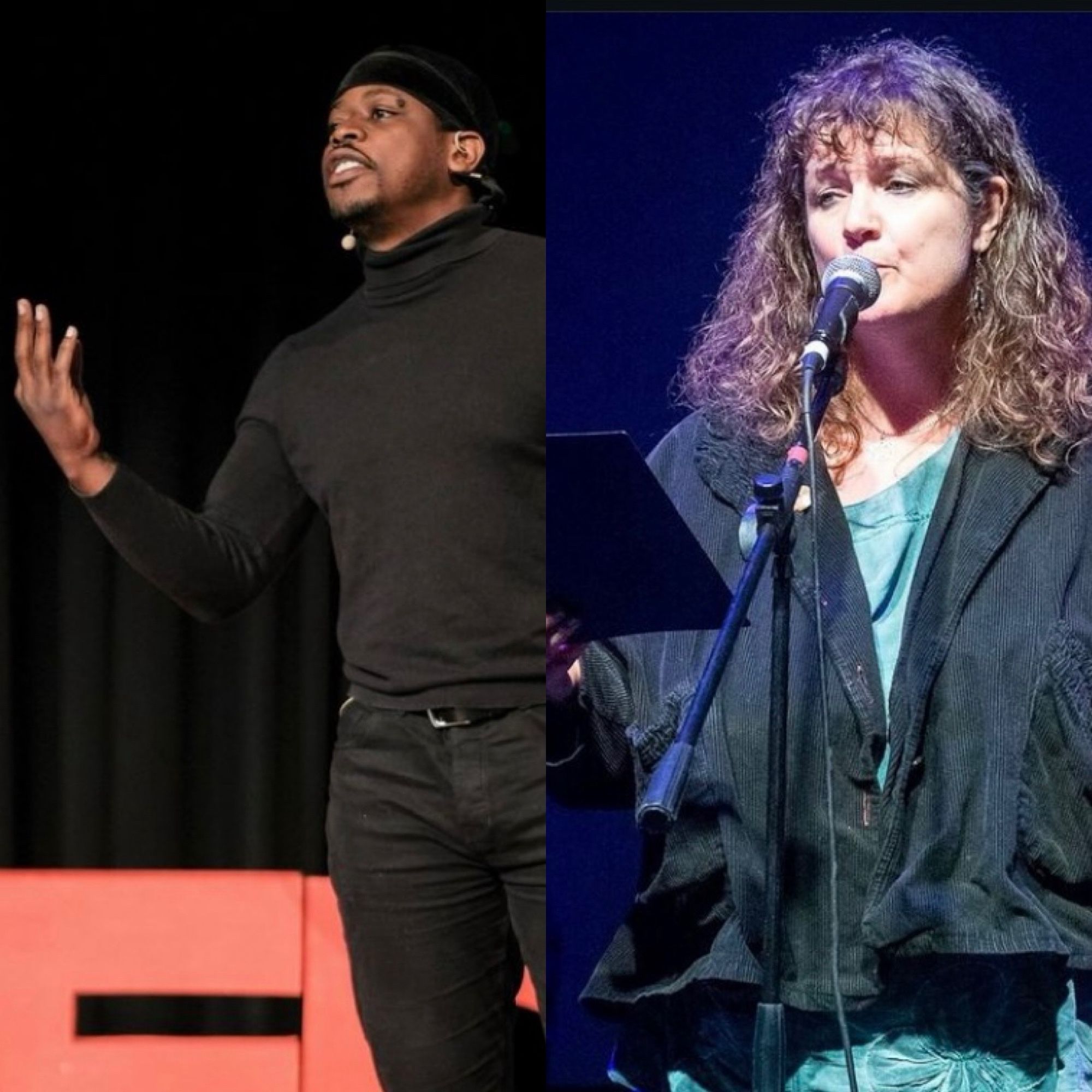 Saili Katebe is a black man of about 30 something. He standing with one hand raised in gesture as he is speaking. Deborah Harvey is a white woman of about 40 something. She is speaking into a microphone.