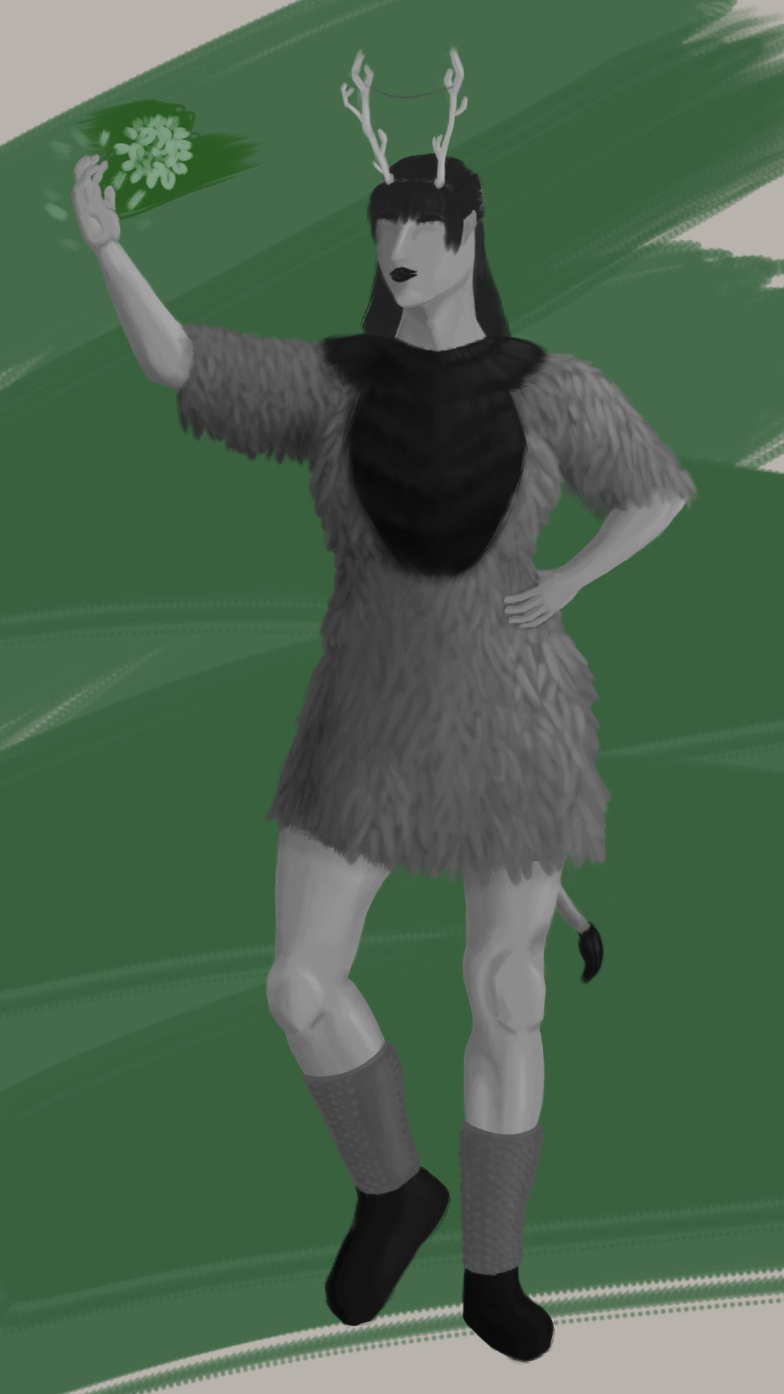 Full body render of tiefling druid in a fur coat