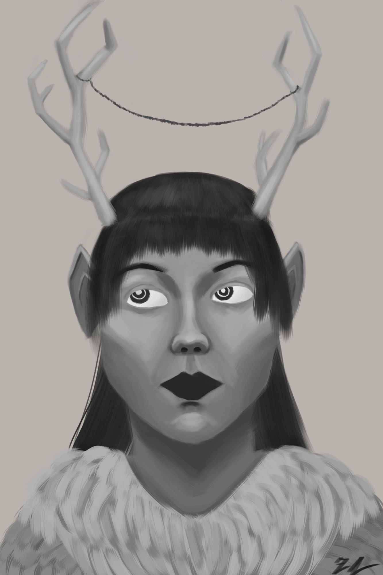 Bust render of tiefling druid with deer antlers.