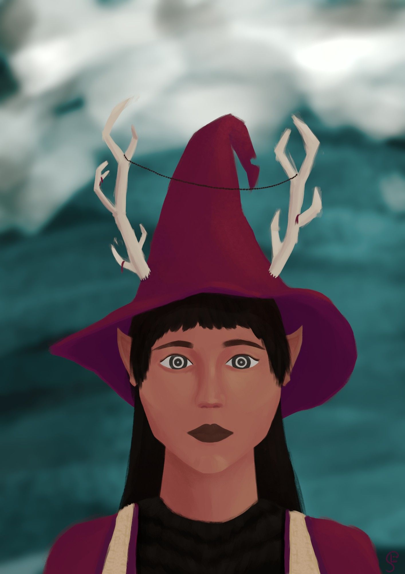 Druid trying on a wizard hat, antlers poking out